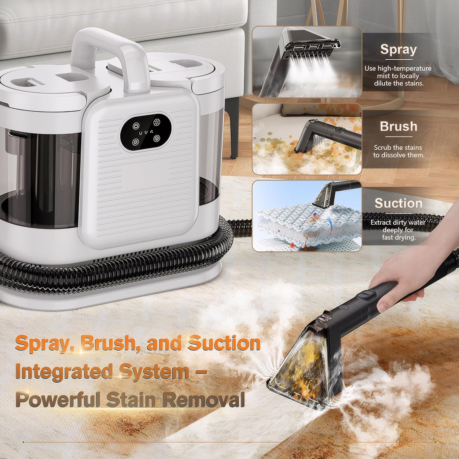 Portable Upholstery & Carpet Cleaner Machine, 15KPa Powerful Suction with Steam & Heating System, 4 Cleaning Modes, Handheld Shampooer for Sofa, Couch, Rug, Furniture, Car Seats & Pet Messes, White
