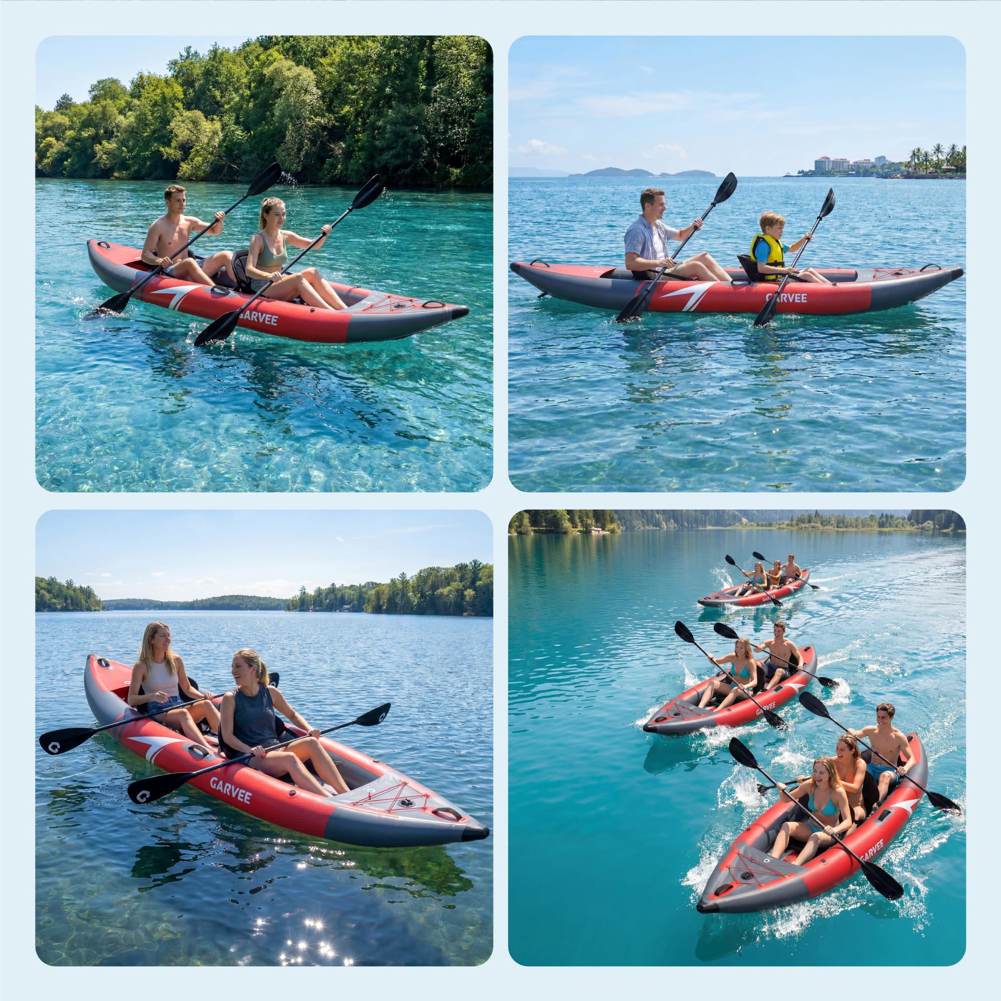 Garvee Kayak Gonflable 2 Personnes 12,5 Pieds – Siège rembourré, 3 ailerons – PVC Robuste, Pliable – Pompe, Sac, kit réparation – Capacité 204 kg – Pêche et Loisirs – Taille 381×95×42 cm