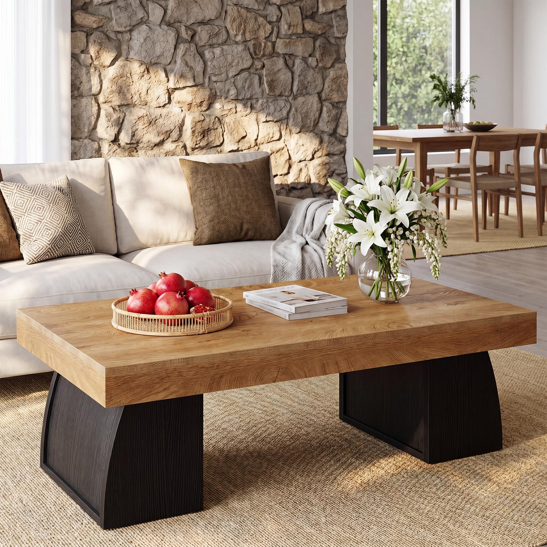 Tribesigns 55.1" Coffee Table, Rectangular Coffee Tables for Living Room, Farmhouse Accent Center Cocktail Table with Curved Base, Brown & Black