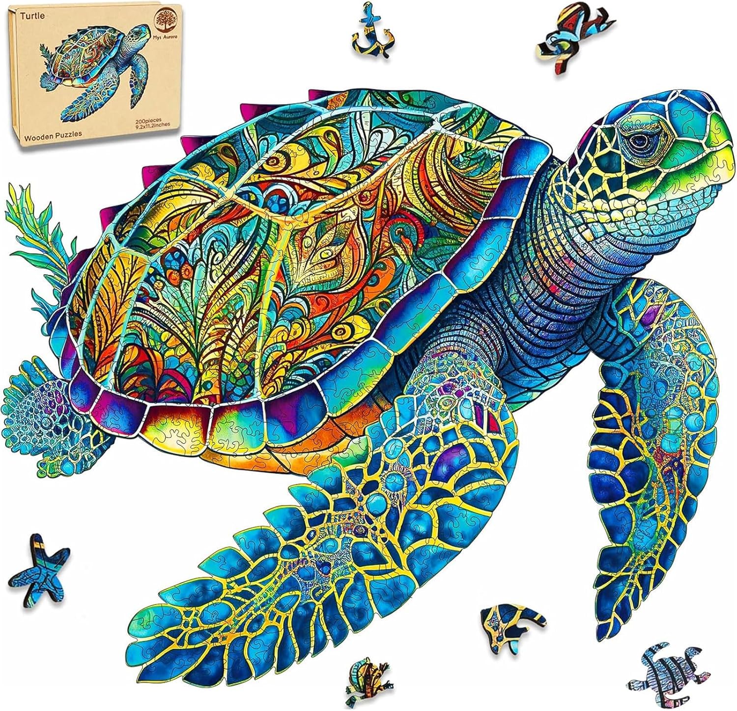 MYS Aurora Wooden Puzzles, Sea Turtle Jigsaw Puzzles 200 Pieces, FSC Certified 5MM Unique Shaped Wooden Puzzle for Adults and Kids, Christmas Birthday Gift Family Game 9.2 x 11.2 Inch The Forest Stewa