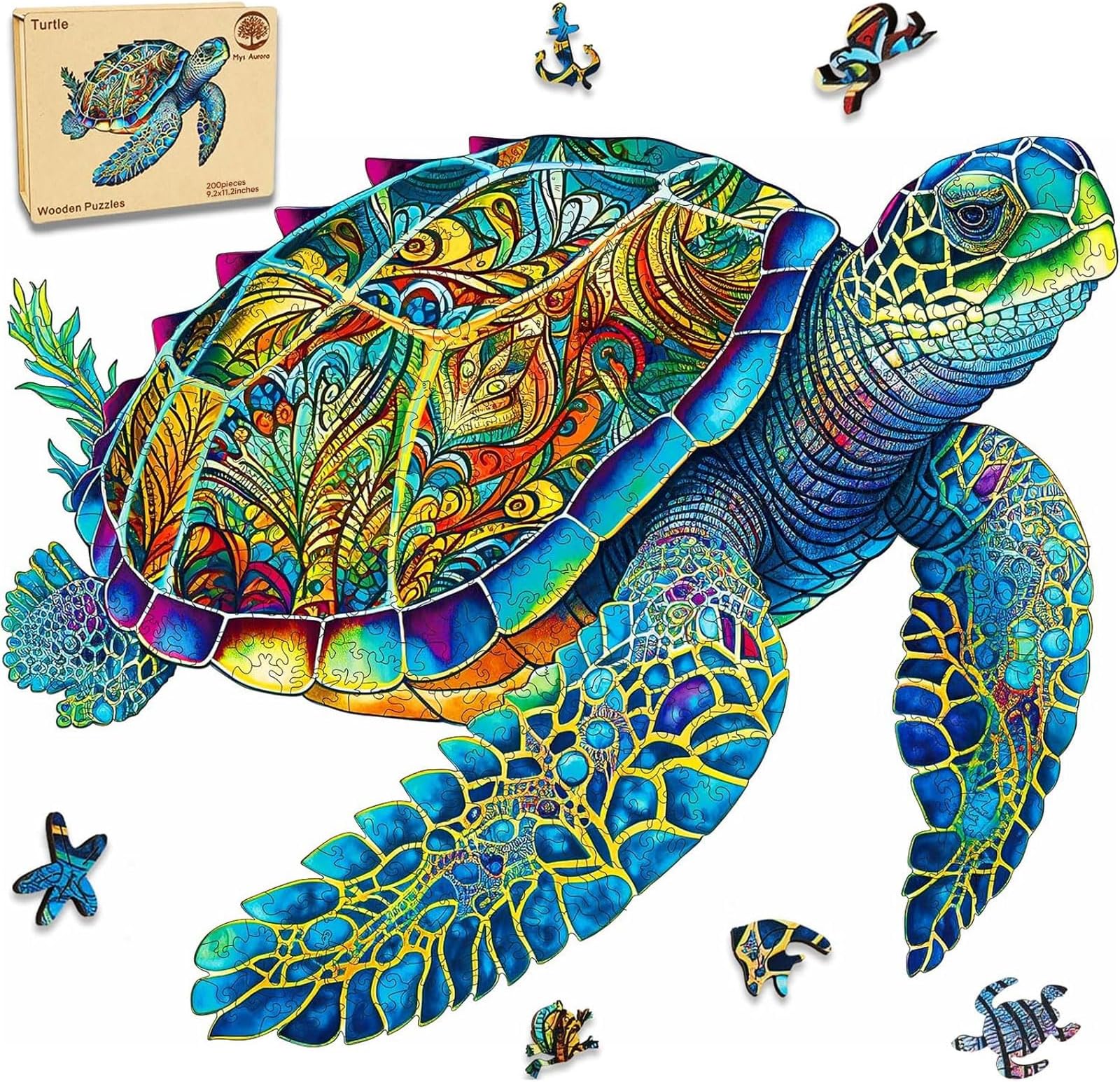 Mys Aurora Wooden Puzzles for Mom, Sea Turtle Jigsaw Puzzles 200 Pieces, FSC Certified 5MM Unique Shaped Wooden Puzzle for Adults and Kids, Family Game 9.2 x 11.2 Inch