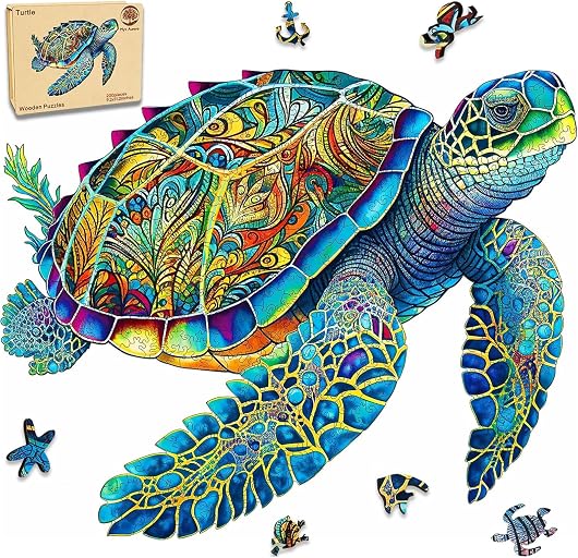 Mys Aurora Wooden Puzzles, Sea Turtle Jigsaw Puzzles 200 Pieces, FSC Certified 5MM Unique Shaped Wooden Puzzle for Adults and Kids, Birthday Gift Family Game 9.2 x 11.2 Inch