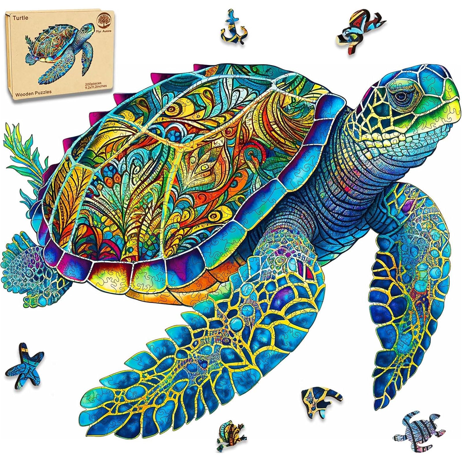 MYS Aurora Wooden Puzzles, Sea Turtle Jigsaw Puzzles 200 Pieces, FSC Certified 5MM Unique Shaped Wooden Puzzle for Adults and Kids, Birthday Gift Family Game 9.2 x 11.2 Inch