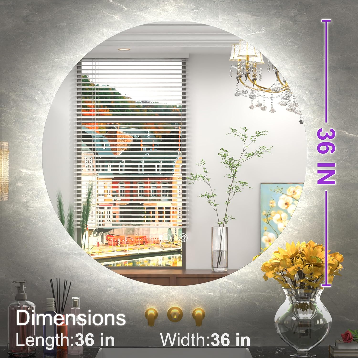 36 Inch Frameless Round LED Bathroom Mirror with Lights, 3 Color Temperatures (3000K/4500K/6000K), Anti-Fog, Dimmable Backlit, Round Vanity Mirror with Lights Wall Mounted