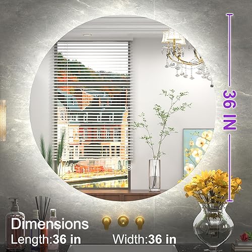 Miniatura 6 de Espejo LED redondo de 36 pulgadas, espejo redondo retroiluminado para baño, espejo redondo grande con luces, espejo LED circular, espejo de tocador