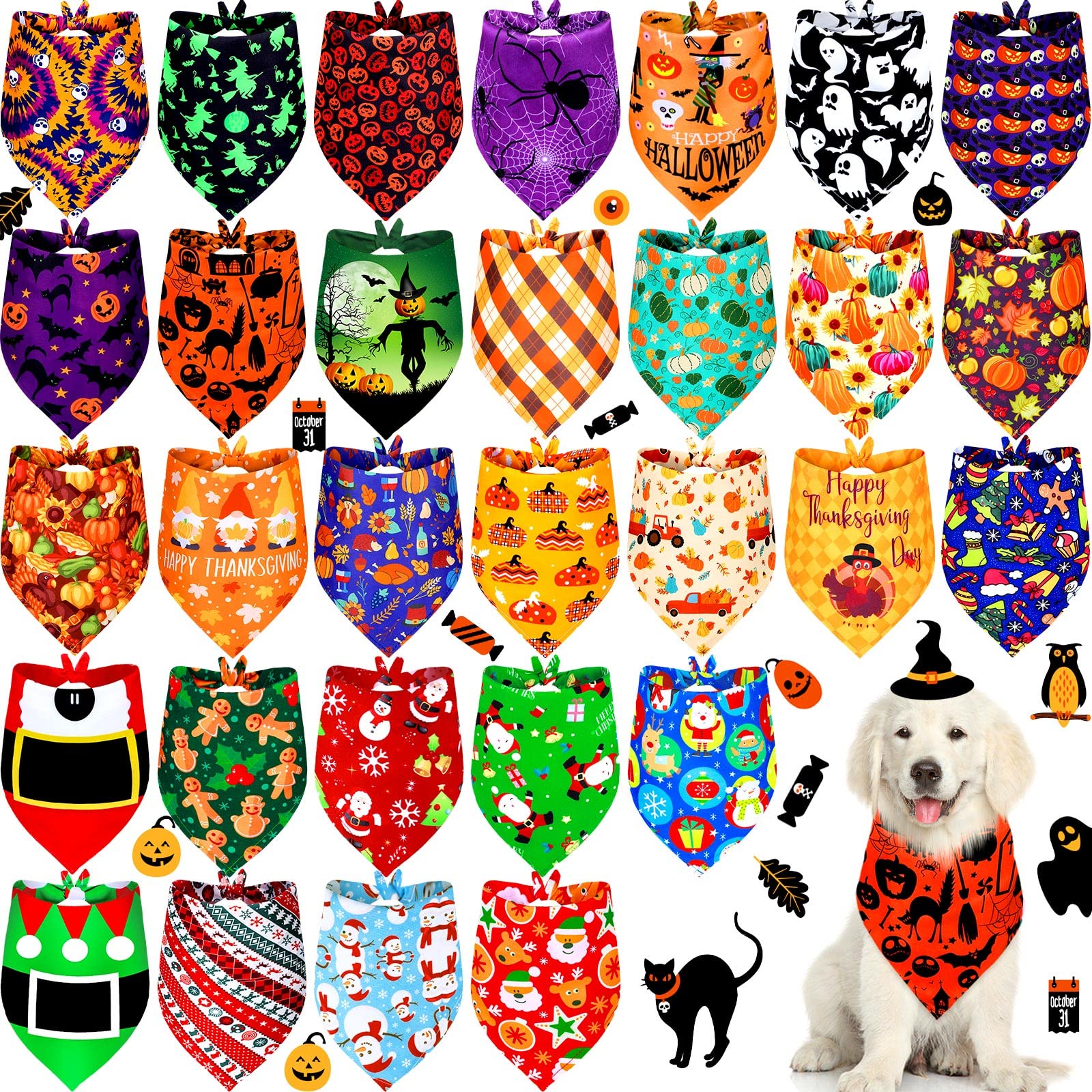 30 Stück Hundehalstücher für Weihnachten, Thanksgiving, Dreieck, wendbar, Lätzchen für Hunde, Herbst, Mädchen, verstellbares Haustier-Halstuch für kleine, mittelgroße und große Haustiere (groß)