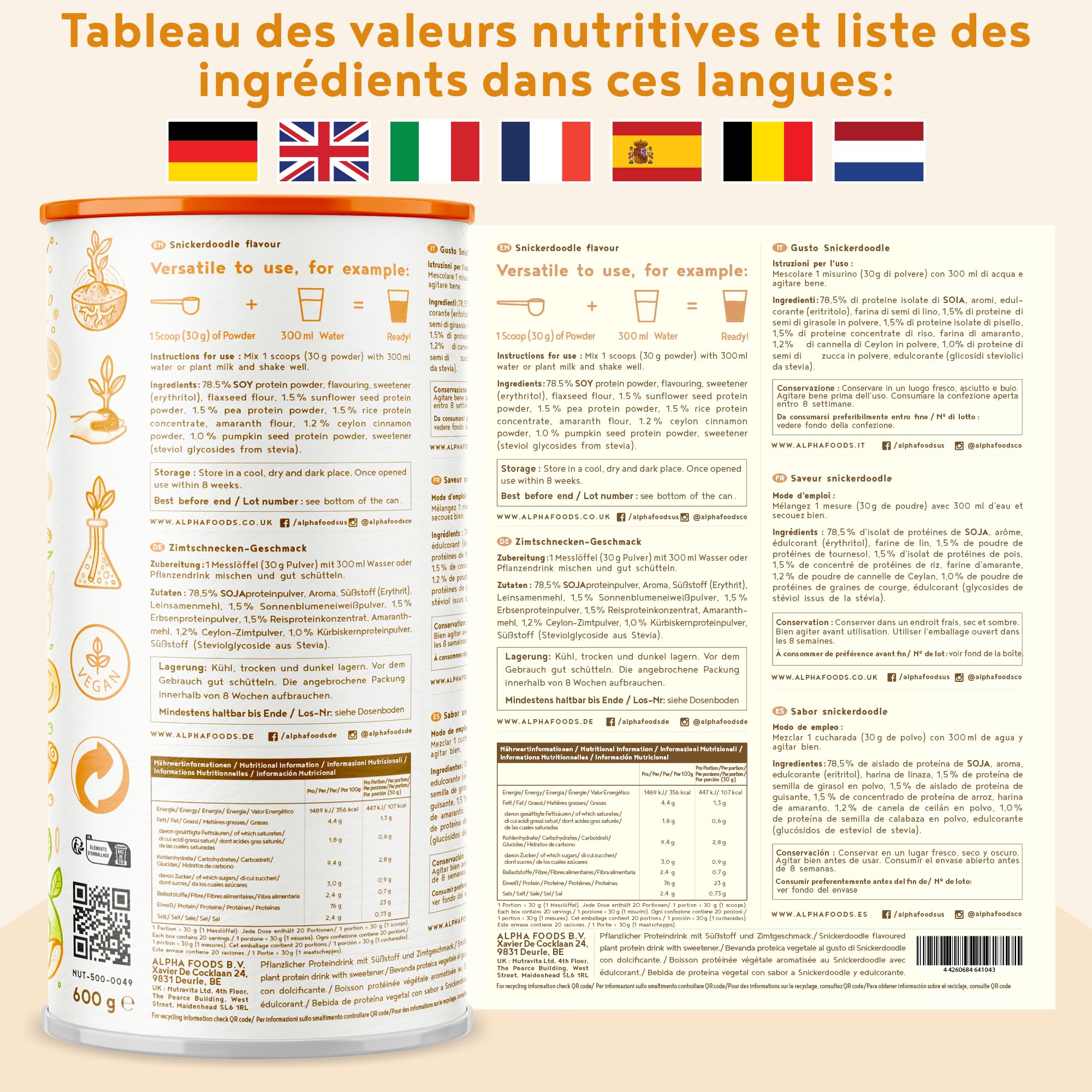 Vegan Proteine en Poudre [600g] | Snickerdoodle | 23g Protein | Protéine Powder de Soja, Riz, Pois & Graines de Tournesol | Pre/Post Workout Proteines Musculation | Shake Protéines | Alpha Foods