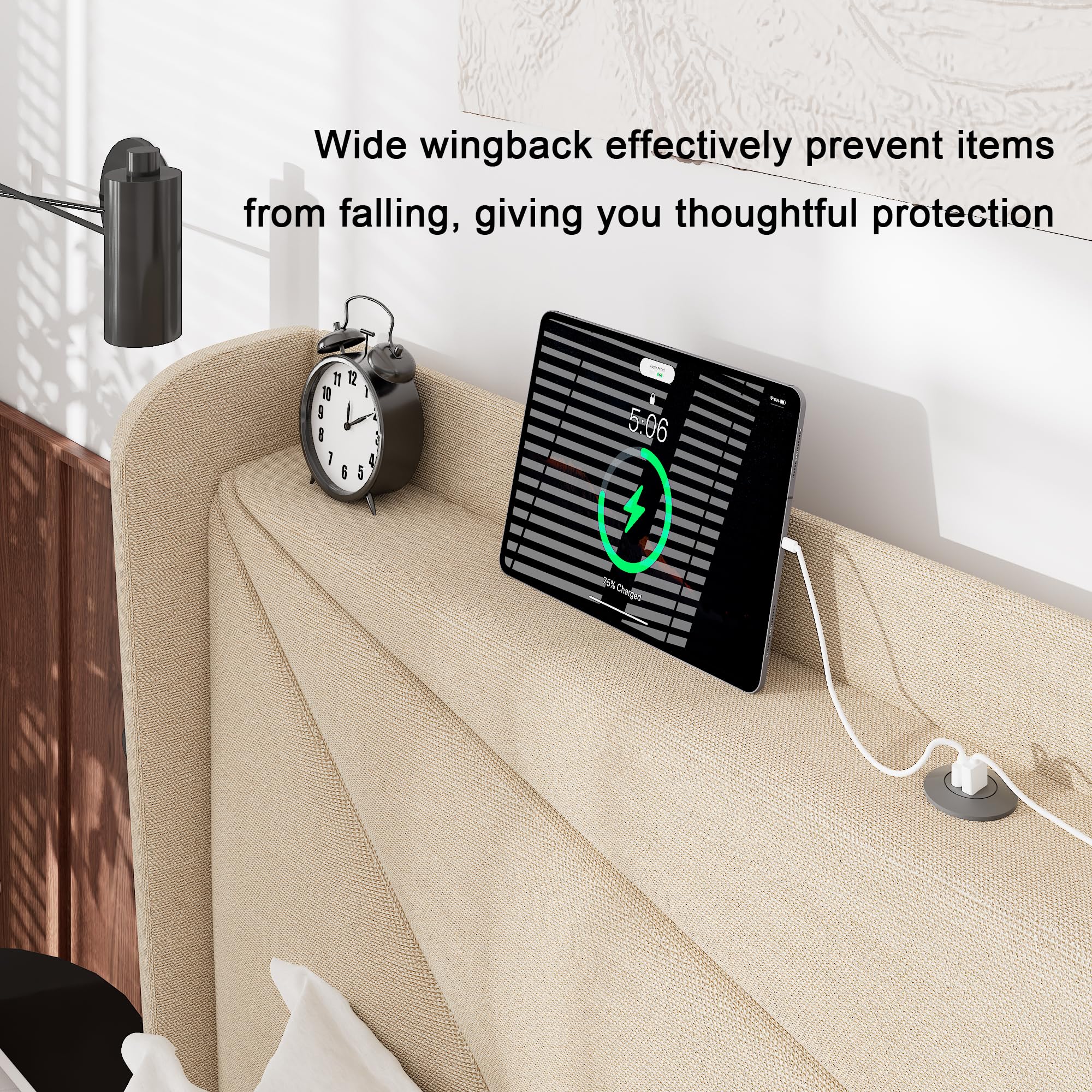 Feonase Queen Size Bed Frame with Charging Station, Linen Upholstered Platform Bed Frame with Wingback Storage Headboard, Solid Wood Slats Support, No Box Spring Needed, Noise Free, Gray: Beige Full