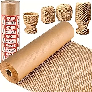Honeycomb Packing Paper 12" x 230' (70m) with Fragile Stickers, Plastic-Free Recyclable Kraft Cushioning Wrap, Bubble Wrap Alternative for Shipping Moving and Fragile Item Packaging