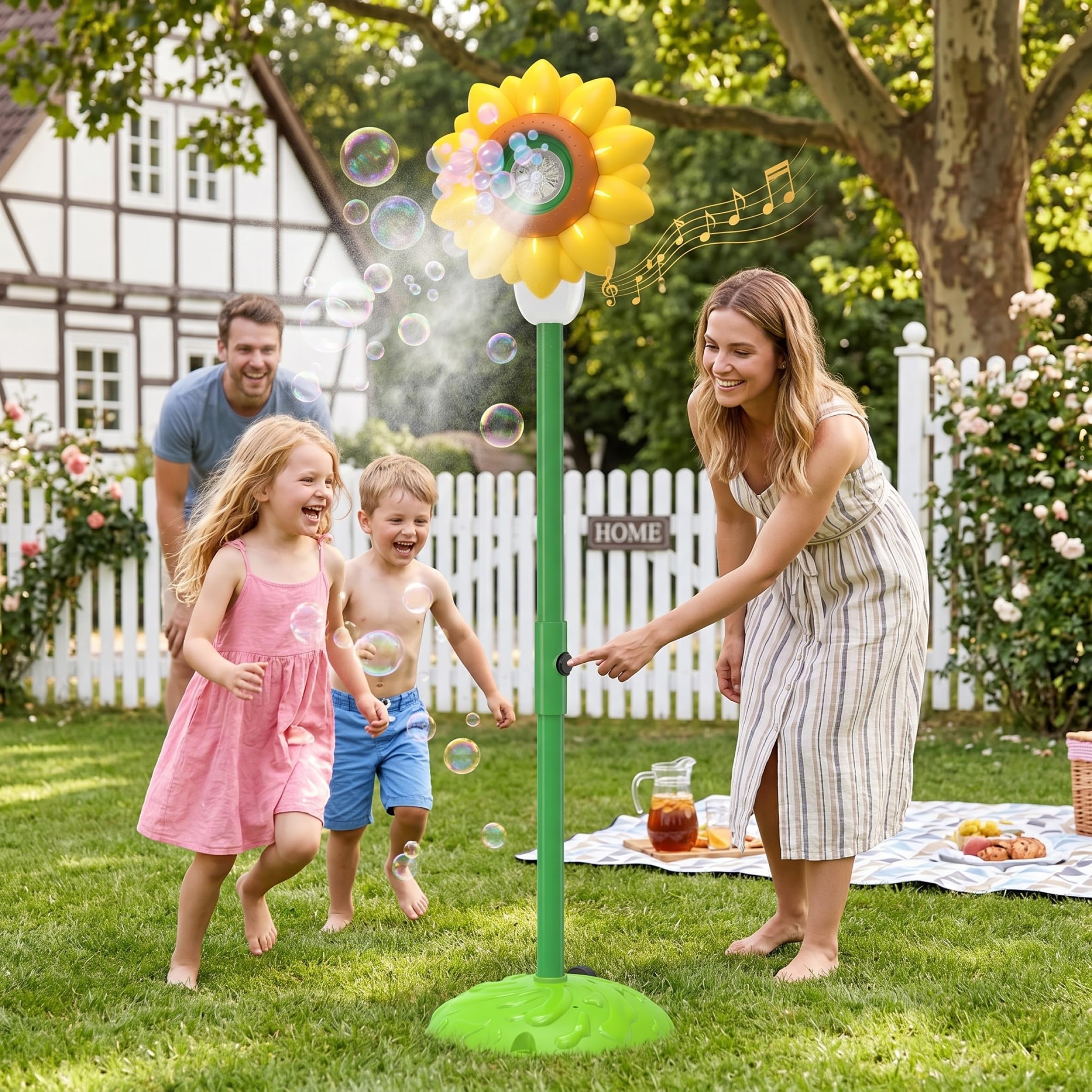 Máquina automática de Burbujas Máquina automática de Burbujas para niños antorcha de de pie con Forma de Girasol con rociador Luces y música Amarilla