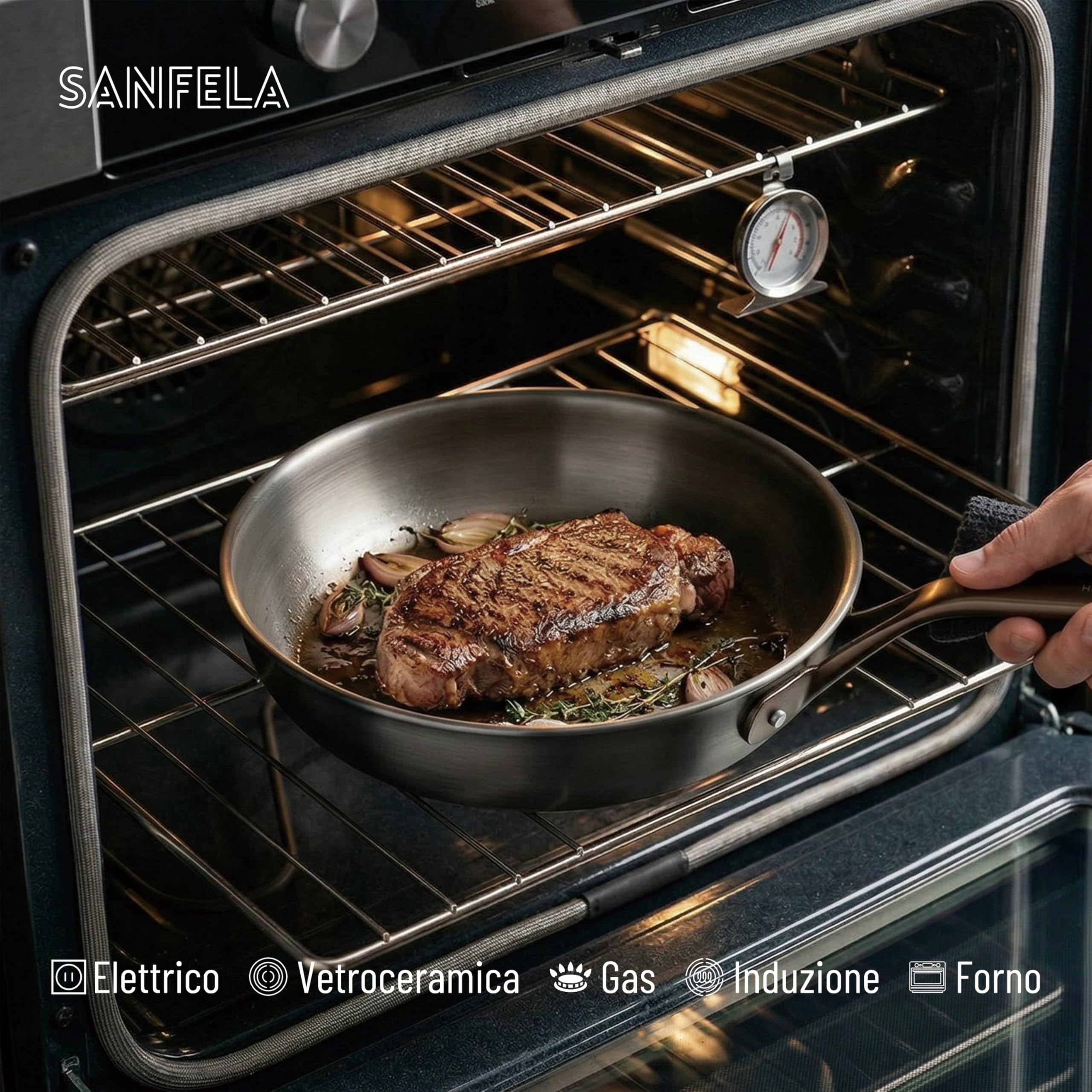 Padella in acciaio inox da 28 cm, padella in acciaio inox a 3 strati, lavabile in lavastoviglie e utilizzabile in forno, padella a induzione, distribuzione uniforme del calore