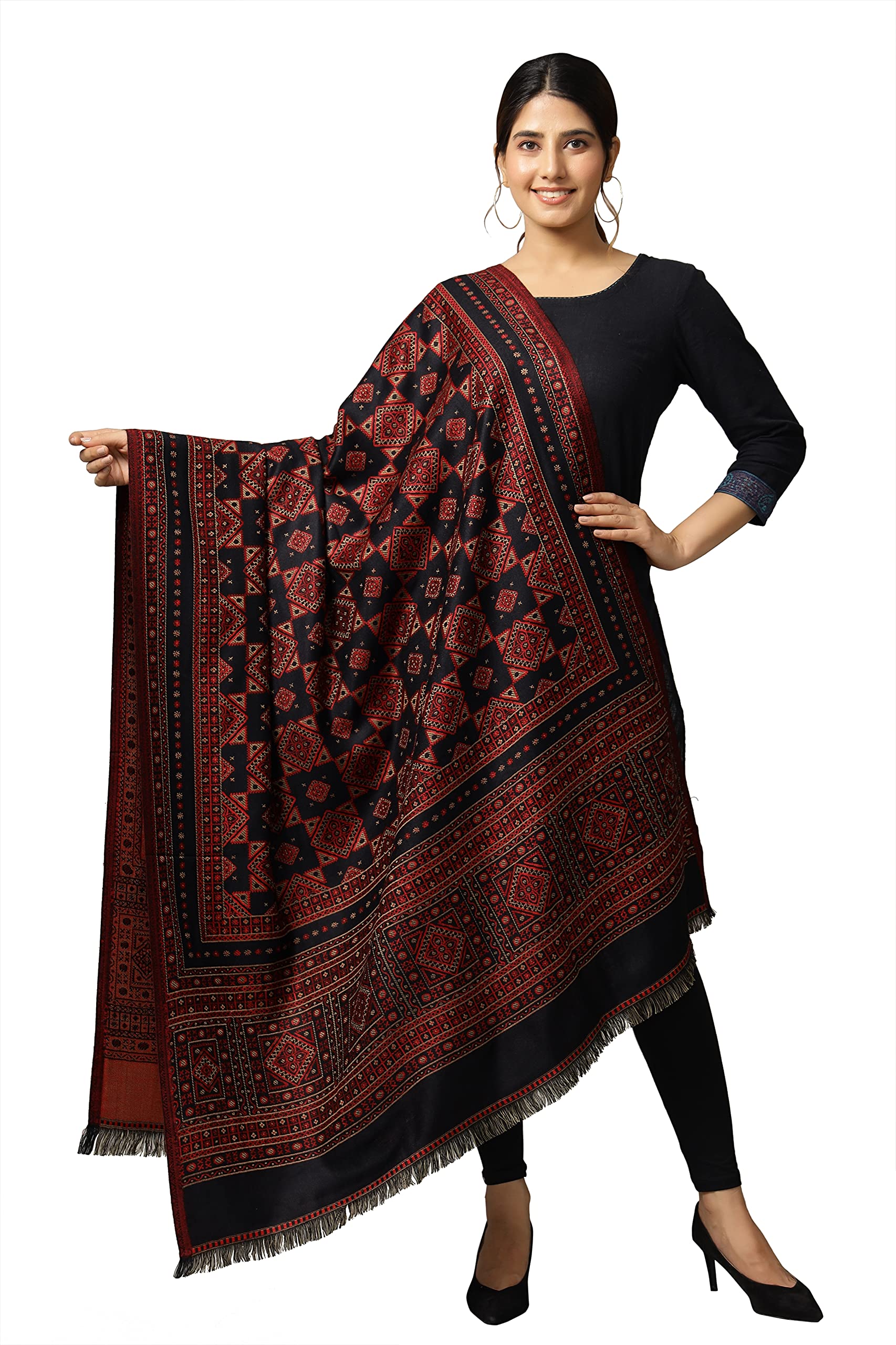 Ravaiyaa - Attitude is everything Women's Fine Wool Shawl, Soft and Warm, Kullu Foulard Design, Jacquard Weave, 100 x 200 cm (Black)-picture-27