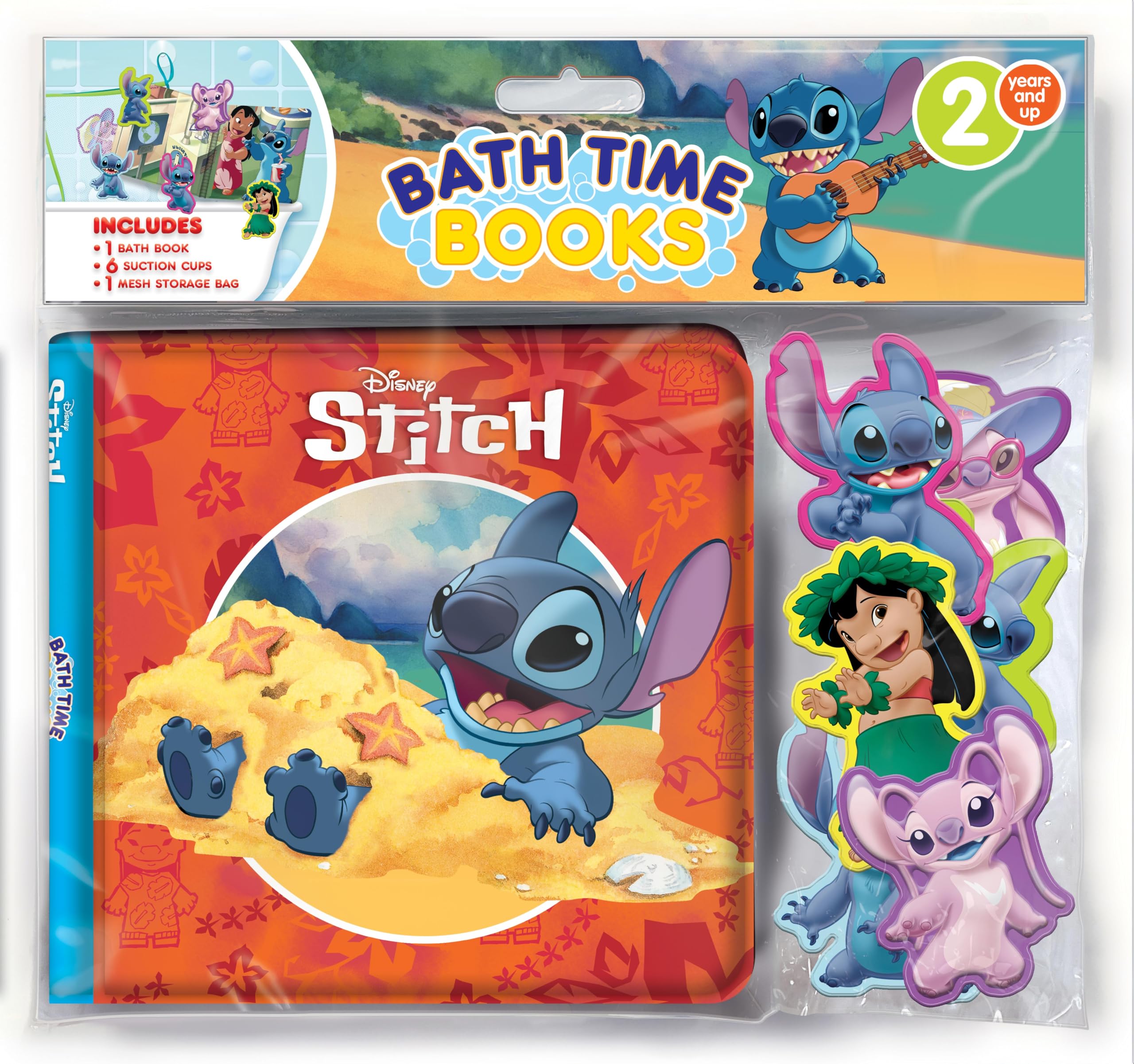 Disney Stitch Bath Time Books - Activity Books for kids, Bath book, 6 Padded suction cups, 1 Mesh bag