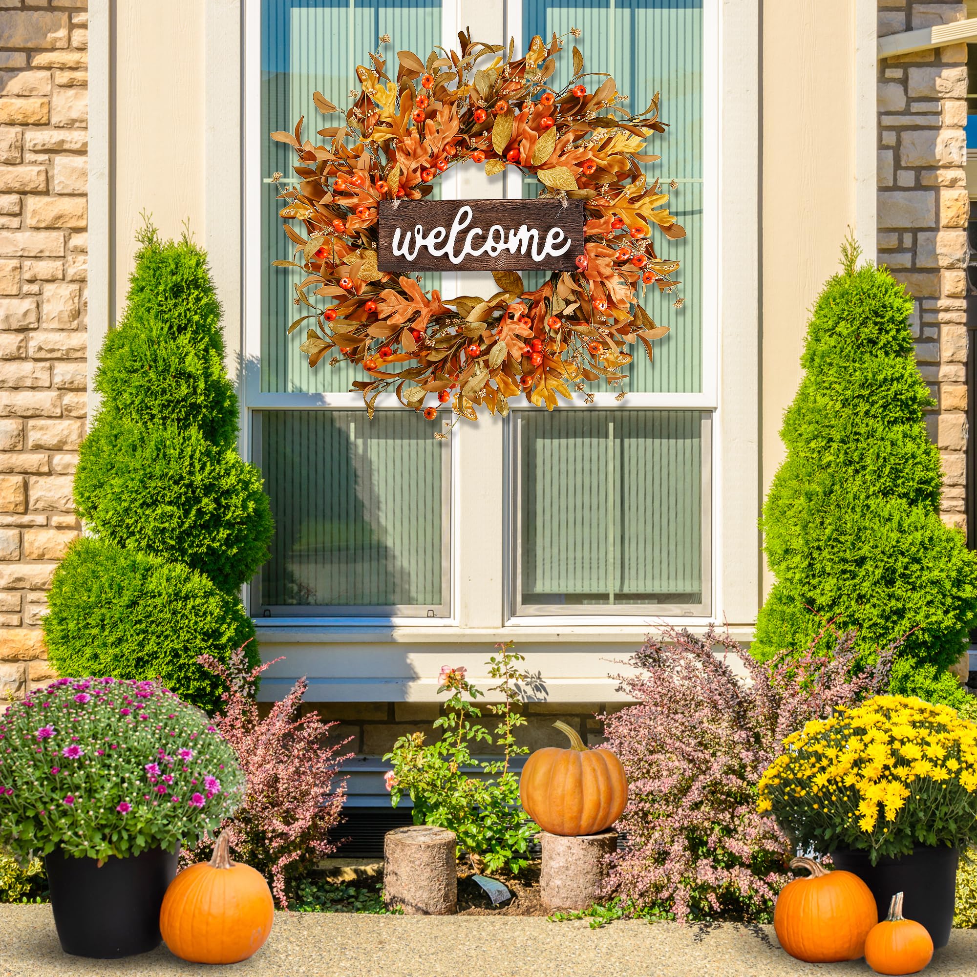 Sggvecsy Artificial Fall Wreath 18â€™â€™ Autumn Front Door Wreath Harvest Wreath with Fall Leaves Small Pumpkins Cluster of Berries for Outside Indoor Wall Window Festival Thanksgiving Fall Autumn Decor