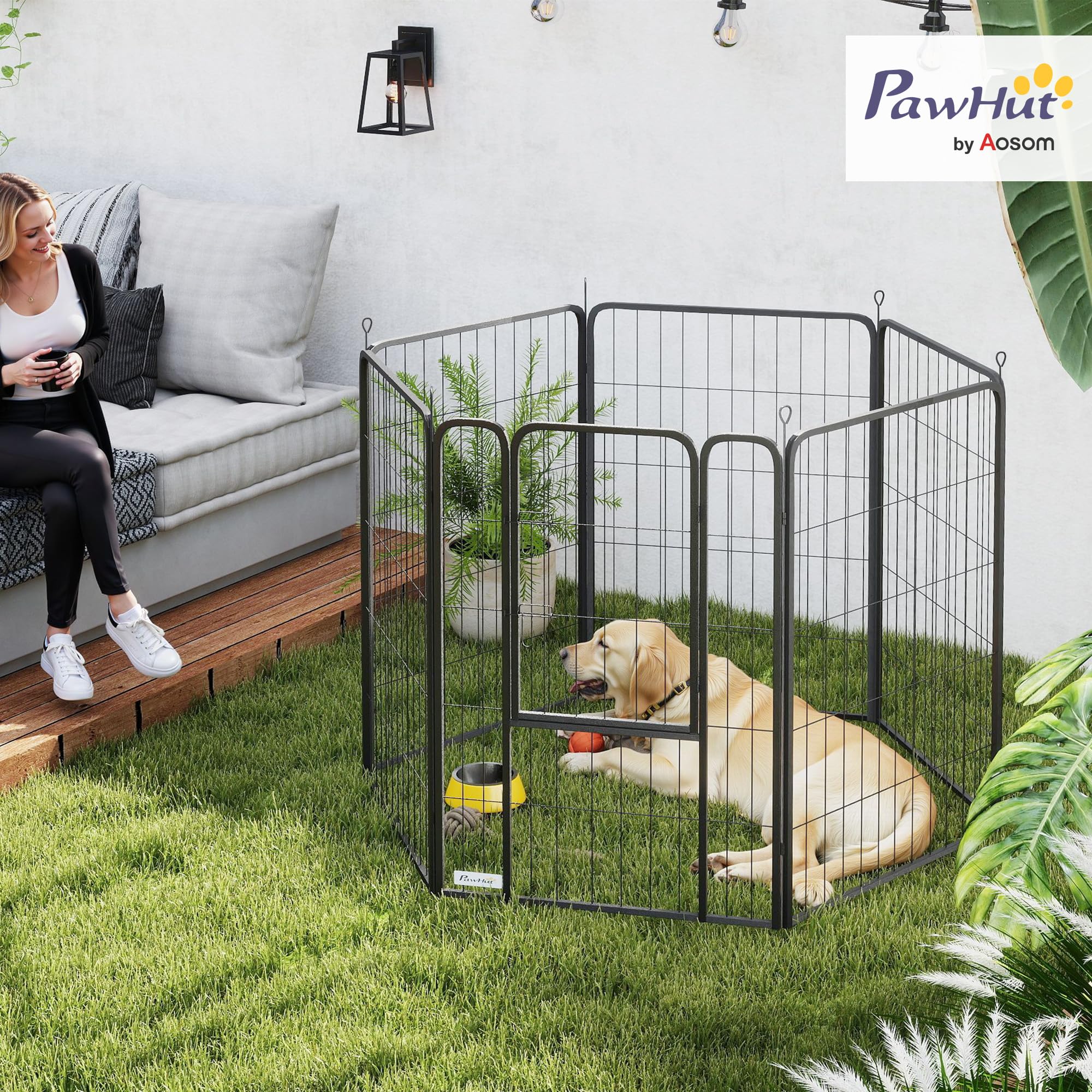 PawHut Welpenlaufstall Welpenauslauf mit Tür Faltbar 6-teilig 100 cm hoch | Freilaufgehege, Verriegelung, Hundelaufstall mit Erdspießen, Laufstall für Hunde Kleintiere, für drinnen und draußen