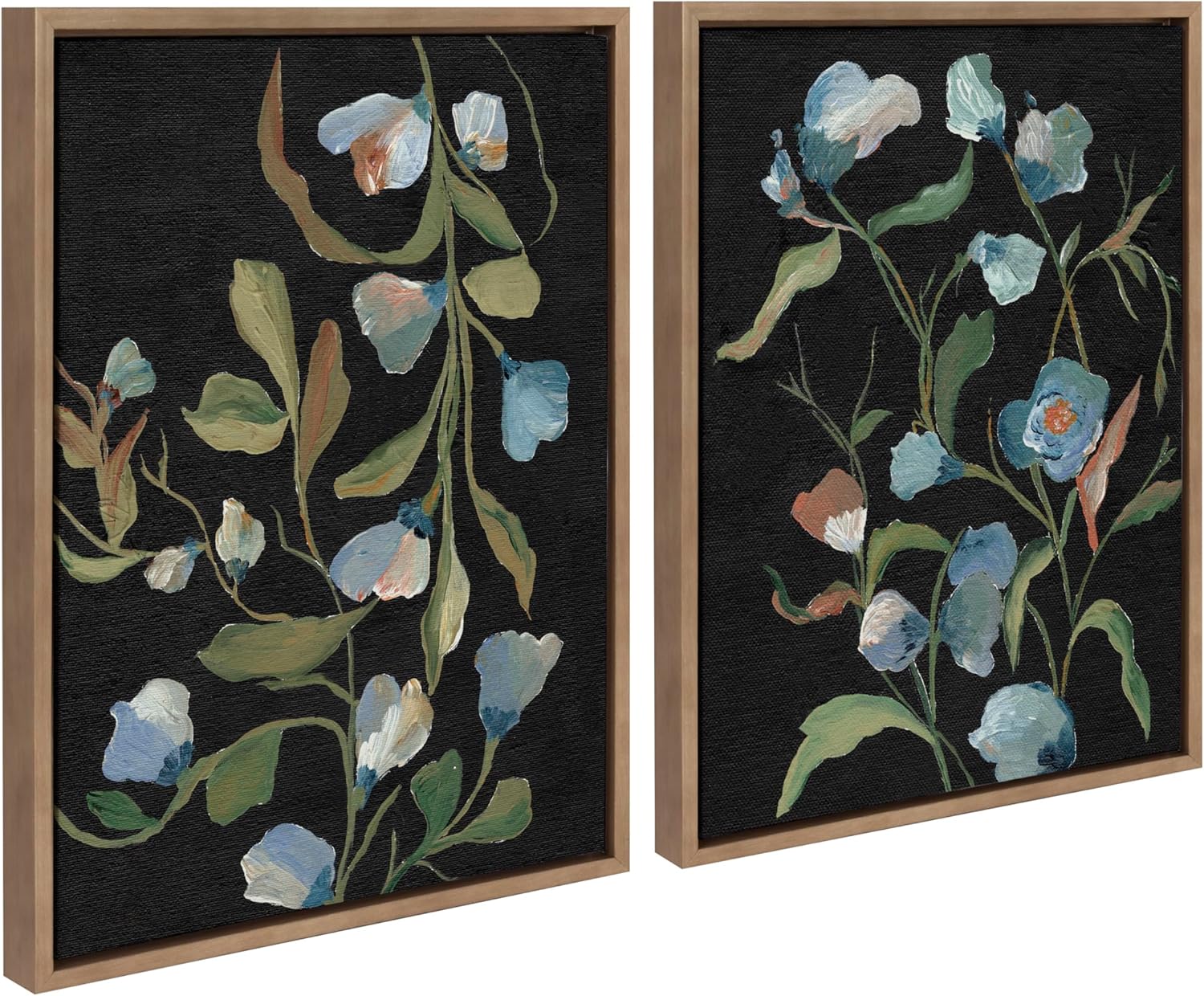 Kate and Laurel Sylvie Beaded Foliage I and Foliage III Vintage Framed Canvas Wall Art Set by Nikita Jariwala; 2 Piece Set 18x24 Gold; Blue Flowers Art for Wall