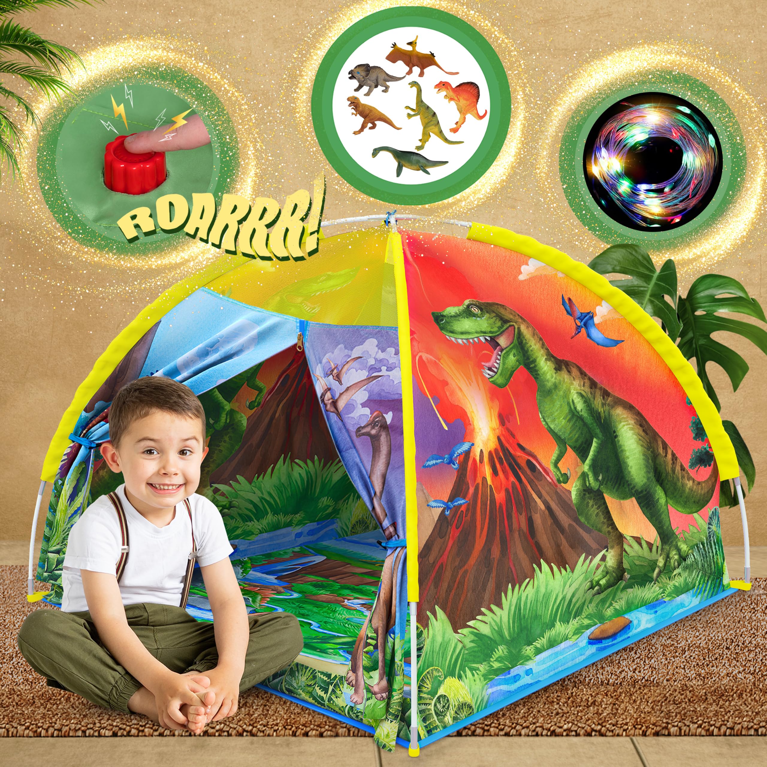 W&O Tenda per Bambini Dino Super Dome Con Tasto Ruggito - Tenda Dinosauro per Bambini Con Luci a LED - Tenda Bambini Interno ed Esterno - Tenda Gioco Bambini – Tende Dinosauri Giocattolo