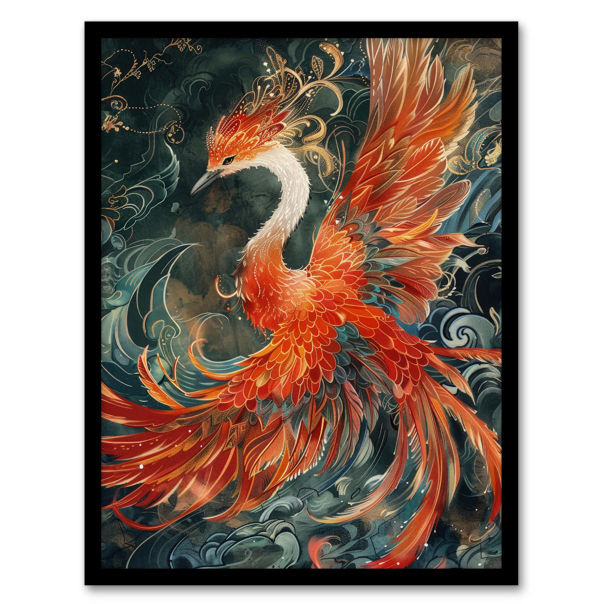 Artery8 Phoenix Bird and Smoke Clouds Stylised Painting For Living Room Artwork Framed Wall Art Print 18X24 Inch