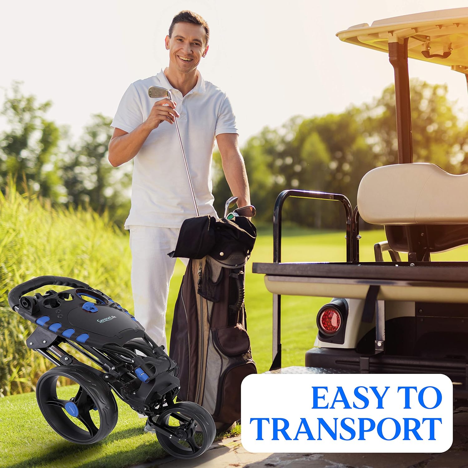 One-Day Sale: Up to 80% Off 3 Wheel Golf Push Cart - Lightweight Folding Golf Walking Push Cart Roller Golf Bag Holder w/ Upper/Lower Bracket w/ Elastic Strap, Scorecard, Cup, & Bag Storage Holder - SereneLife SLG3W
