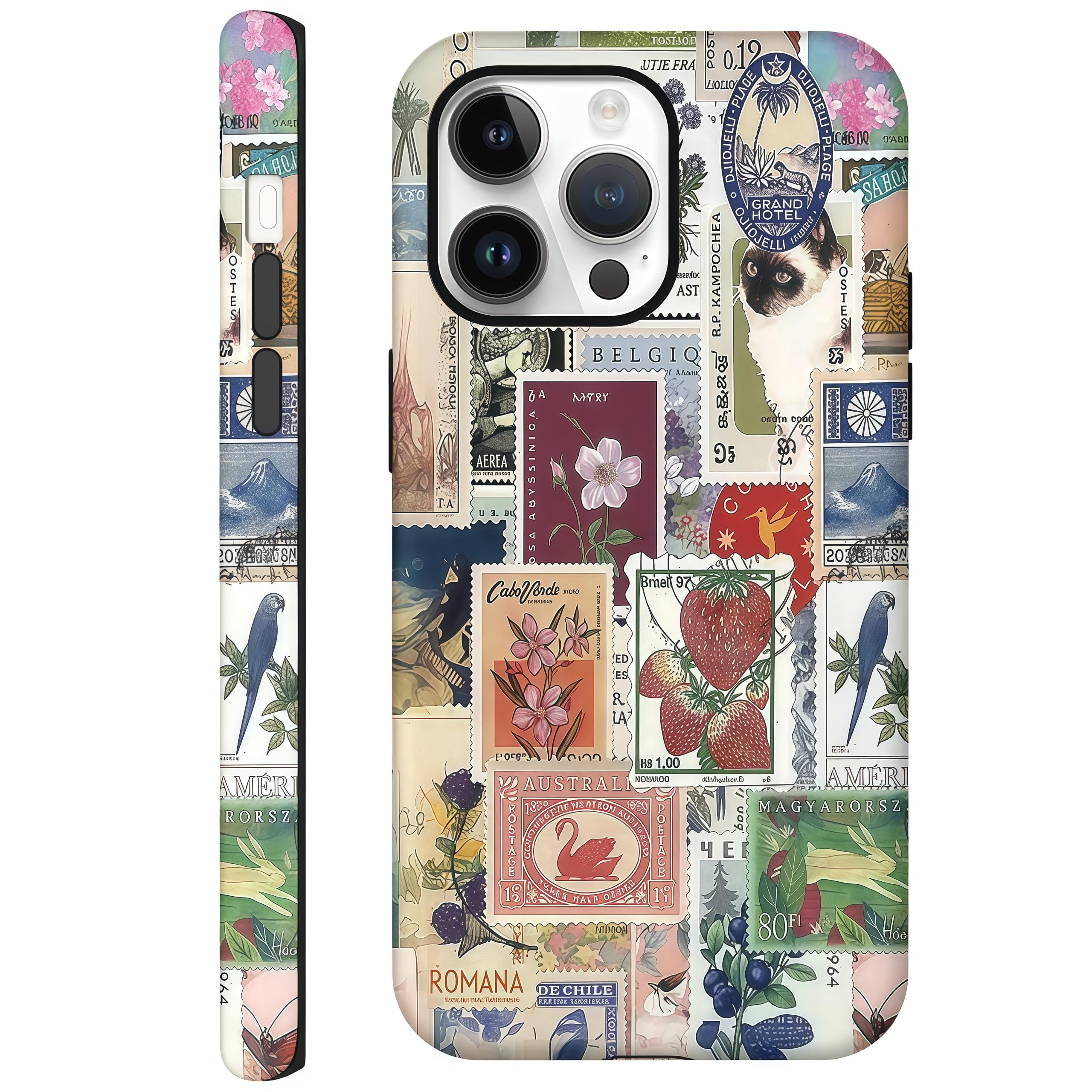Kaislandy Cases for iPhone 16 Pro Max, Vintage Stamp Collage Aesthetic Phone Cover, Scratch Resistant Hybrid 2-Layer Hard Shell Phone Case