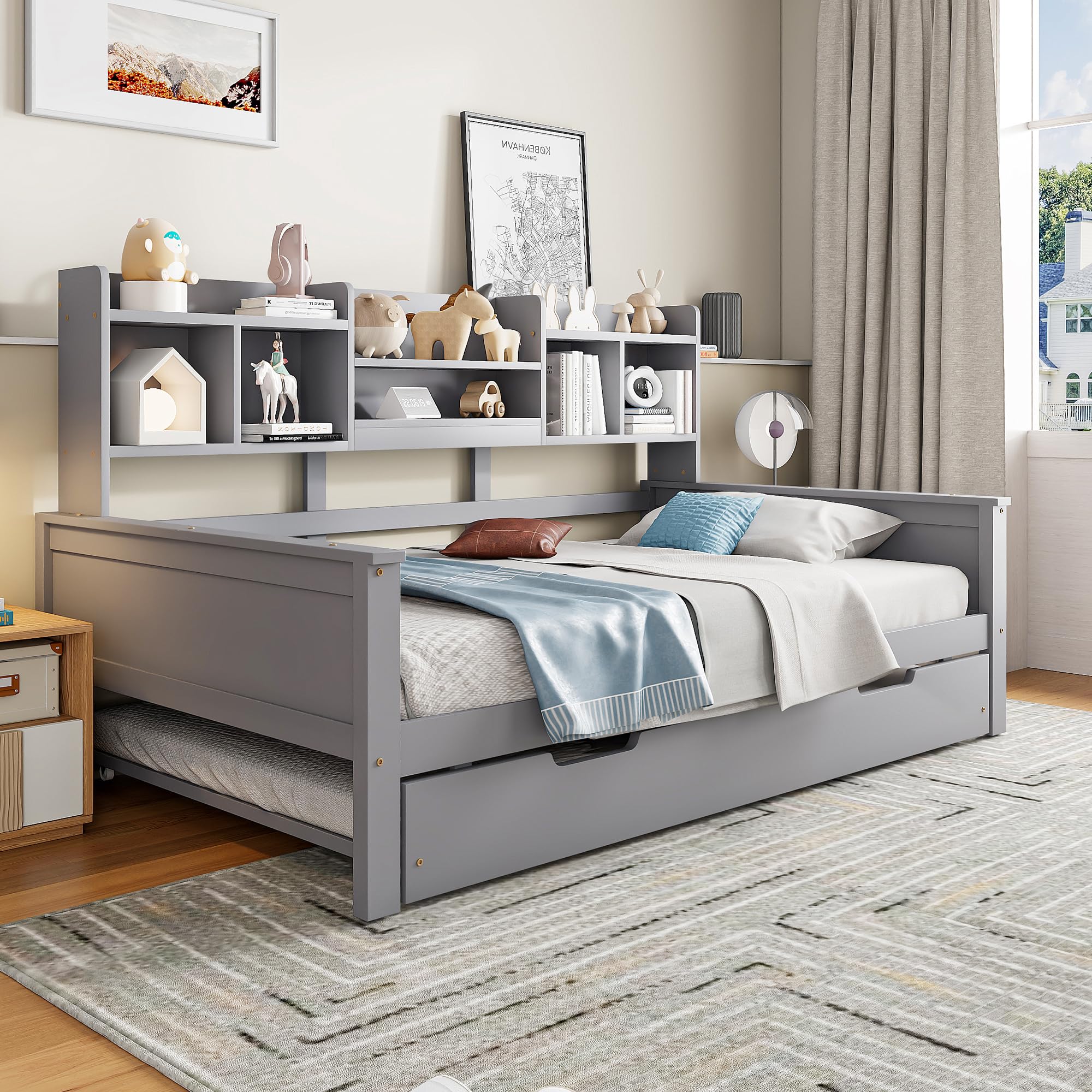 90 x 200 cm, letto estraibile in legno massiccio, 90 x 190 cm, divano letto estraibile con vano portaoggetti e rete a doghe, in pino multifunzionale, letto singolo, grigio