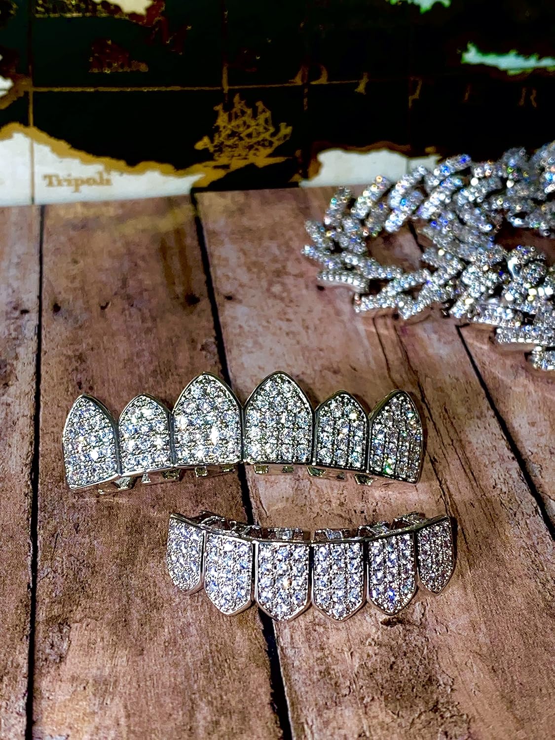 18K White Gold Plated CZ Cluster Custom Slugs Top & Bottom Grillz Mouth Teeth Grills Set - Teeth Cap, Iced Out Grillz