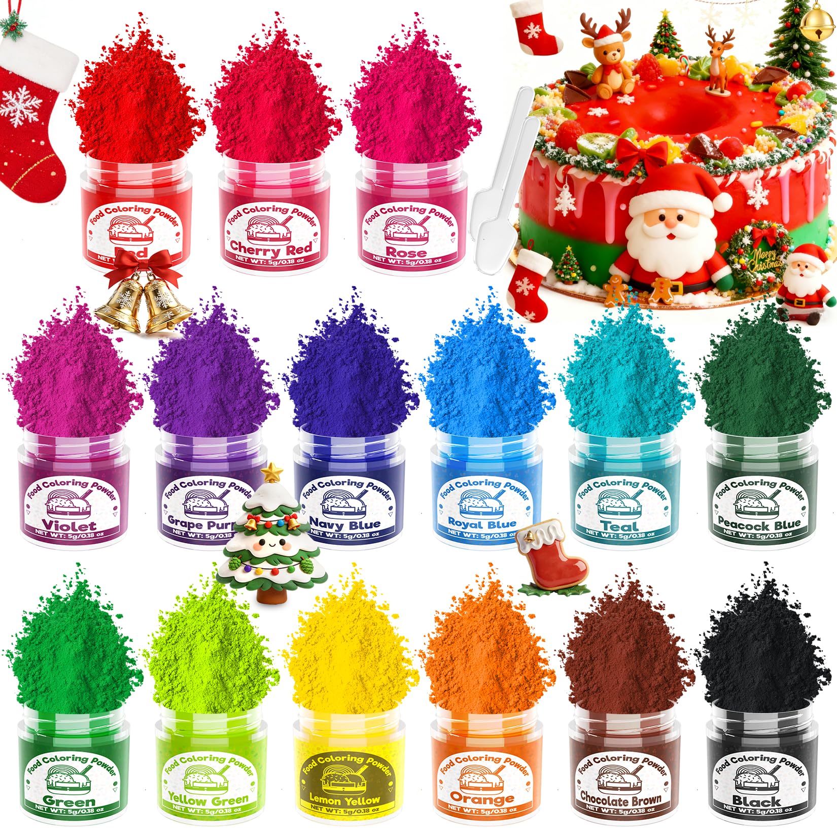 Food Coloring Powder - 15 Bright Colors Food Dye for Christmas (5g/bottle), Flavorless High Concentrated Upgraded Food Coloring for Icing, Baking, Cake Decorating, Cooking, Frosting