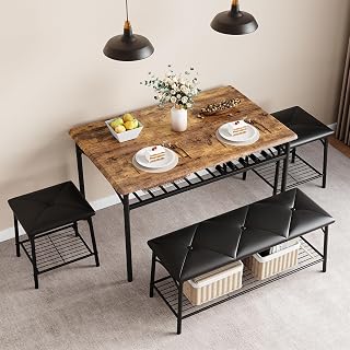 Modern Dining Set for 4 with Storage - Kitchen Table, 2 Chairs & 1 Bench, Space-Saving Metal Frame Design for Small Spaces, Apartments & Restaurants