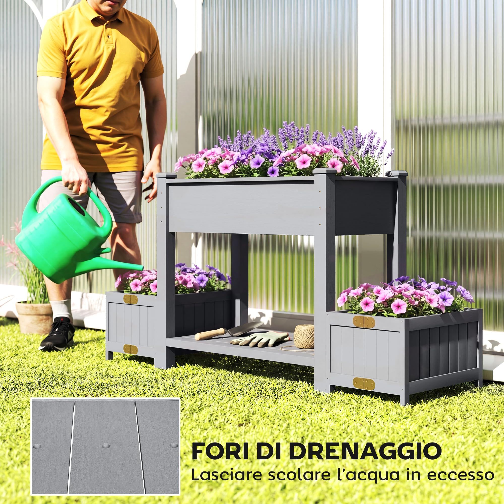 Outsunny Letto per Orto Rialzato in Abete con Ripiano e 2 Vasi Laterali Pieghevoli, Fioriera Rialzata da Esterno con Fori di Drenaggio per Verdure Fiori, 149x46x76cm, Grigio