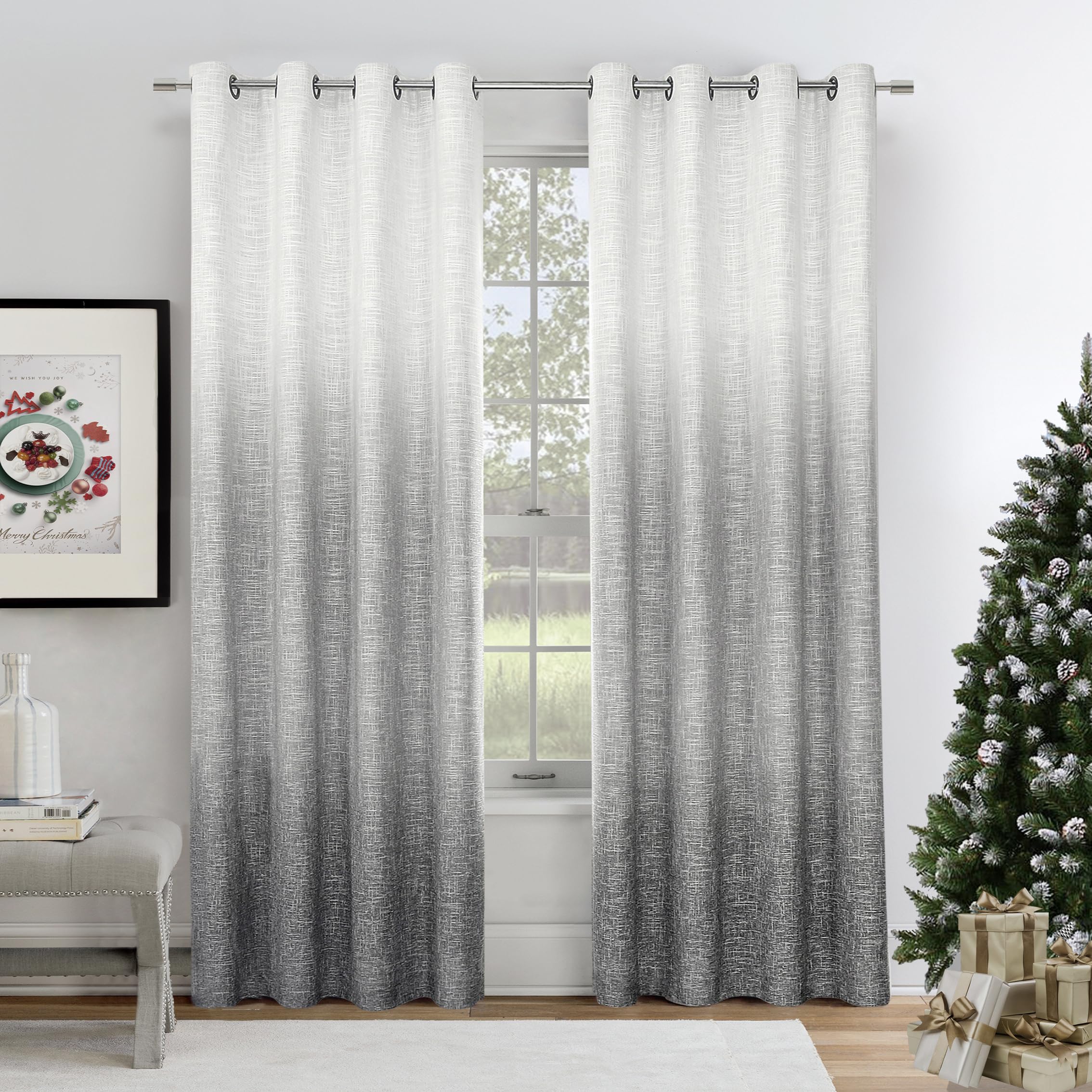 Grey Ombre Full Blackout Window Curtain Panels Thermal Insulated Noise Reduction Rustic Farmhouse Bedroom Drapes Heavy Linen Texture Window Treatment Set Gradient Print Cream White to Gray, 50"x63"x2