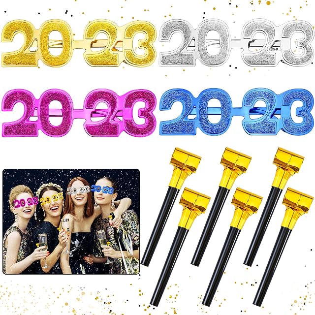 Abitoncc 4 pcs New Year Glasses 2023 New Years Eve 2023 Glitter Glasses, 6 pcs Blowouts Noisemakers, New Years Eve Party Photo Props Novelty New Years Glasses 2023 Happy New Years Glasses