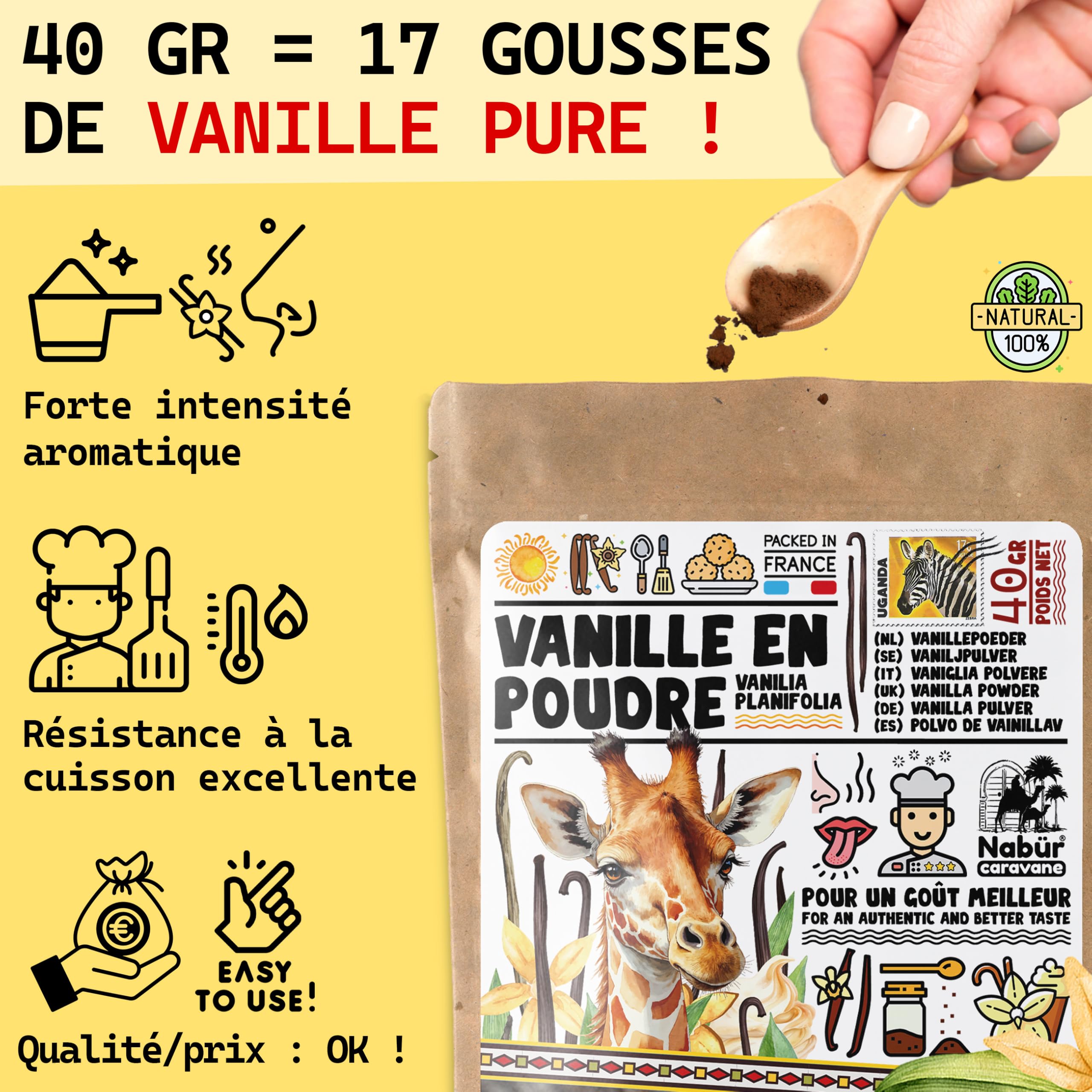 Nabür - 40 g proszek waniliowy Bourbon z Ugandy, Premium, niewyczerpany, niesłodzony -100% naturalny, ciasta, deser, napój
