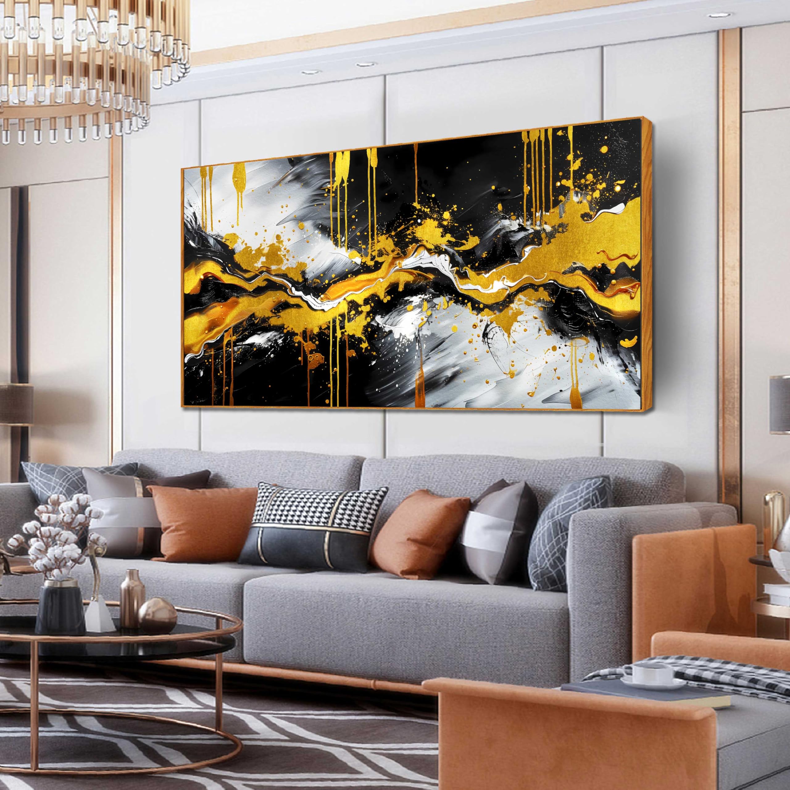 Alsingbago Large Abstract Canvas Wall Art With Wood Framed Ready to Hang for Living Room Bedroom Home Office Black and White Gold Modern Abstract Canvas Prints Size 24x48