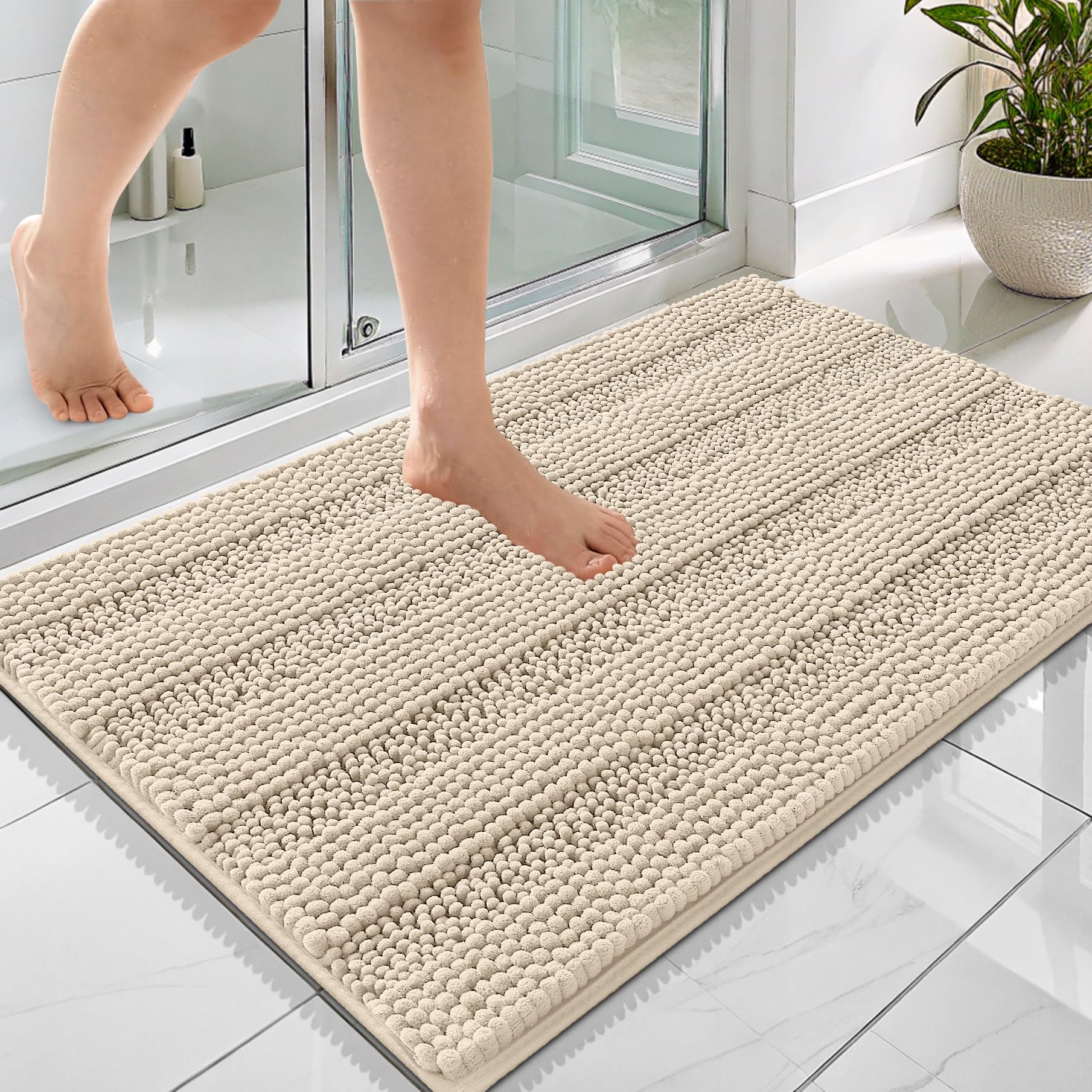 OLANLY Thick Bathroom Rugs 36x24, Soft Chenille Striped Bath Rugs, Sand