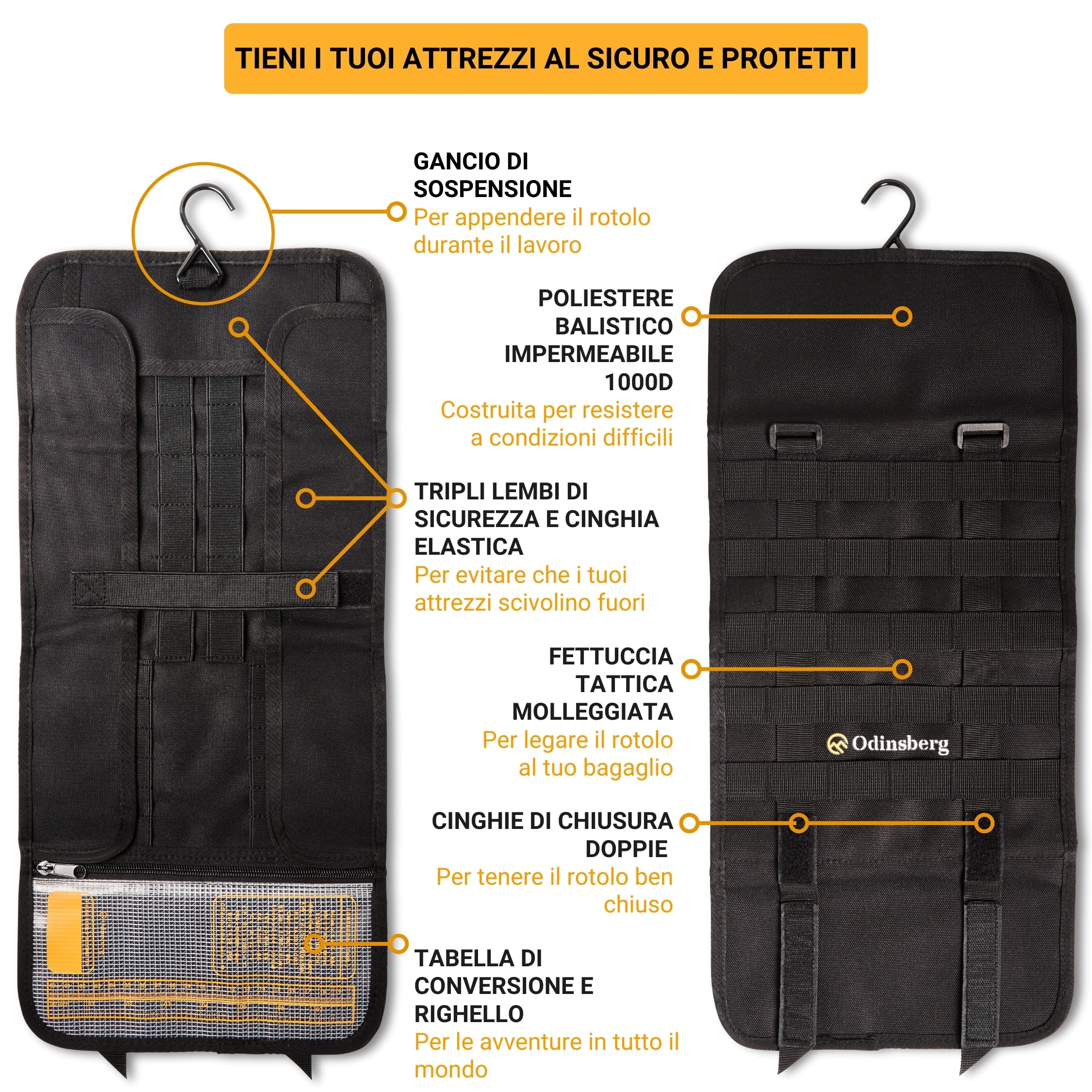 ODINSBERG Borsa Porta Attrezzi Moto Arrotolabile - Attrezzi NON Inclusi - Borsello Moto con 56 Elastici, Tasca, Sistema MOLLE e Doppia Chiusura per Proteggere e Organizzare il Kit di Attrezzi