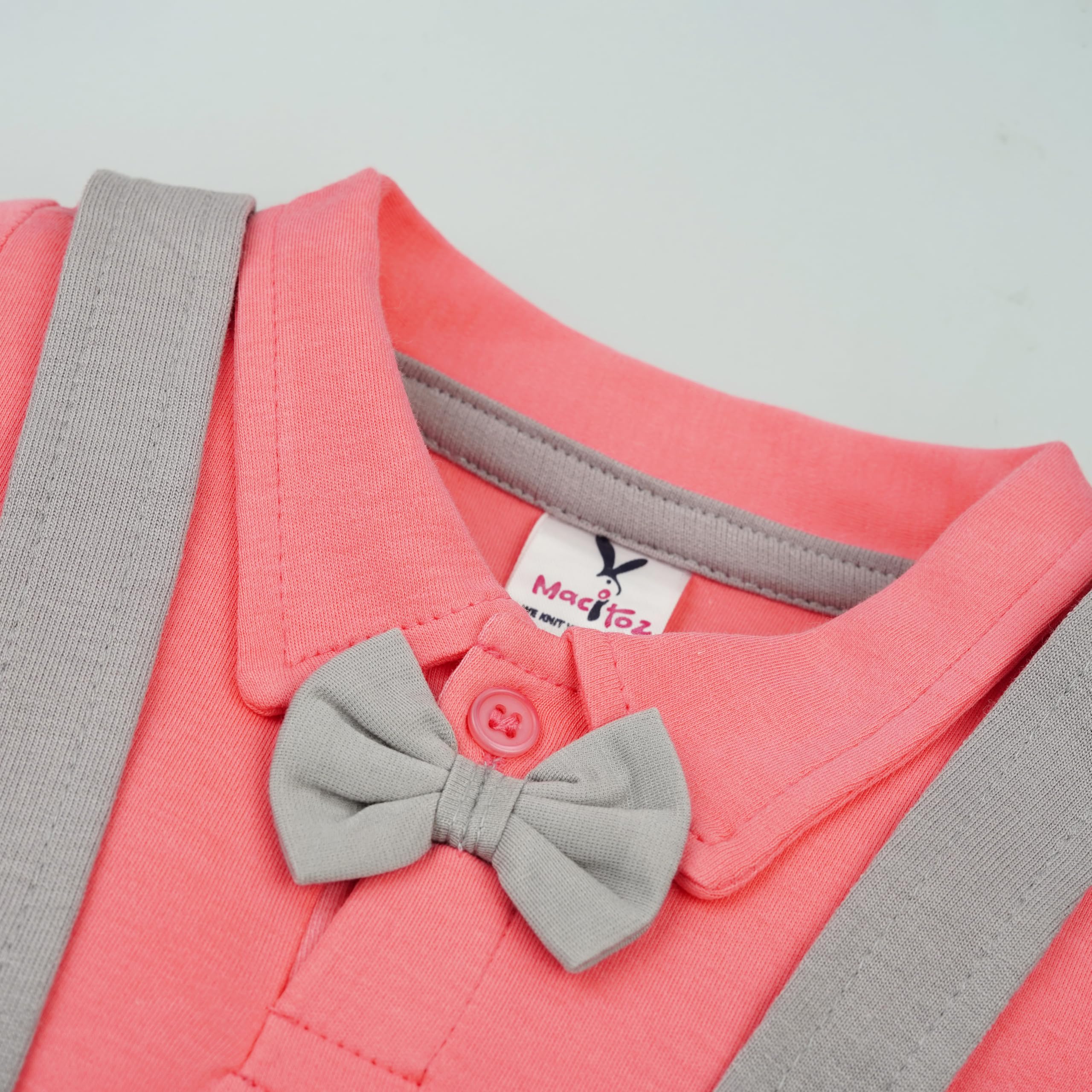 Macitoz Stylish Dungaree for Baby Boys | Half Sleeves & Knee Length with Bow | Suitable as Casual & Party Wears Baby dress (Salmon Rose, S) 4