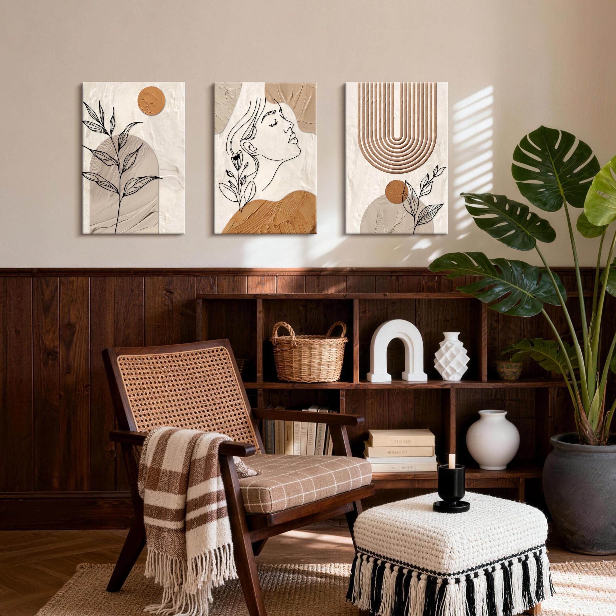 3 Pcs Wooden Framed Canvas Wall Art Set Bohemian Sage Green Canvas Prints Poster Geometric Line Beige Green Pictures for Living Room Bedroom Dinning Room Hallway Stairs Wall Decor 30x40cm x3pcs — view 71