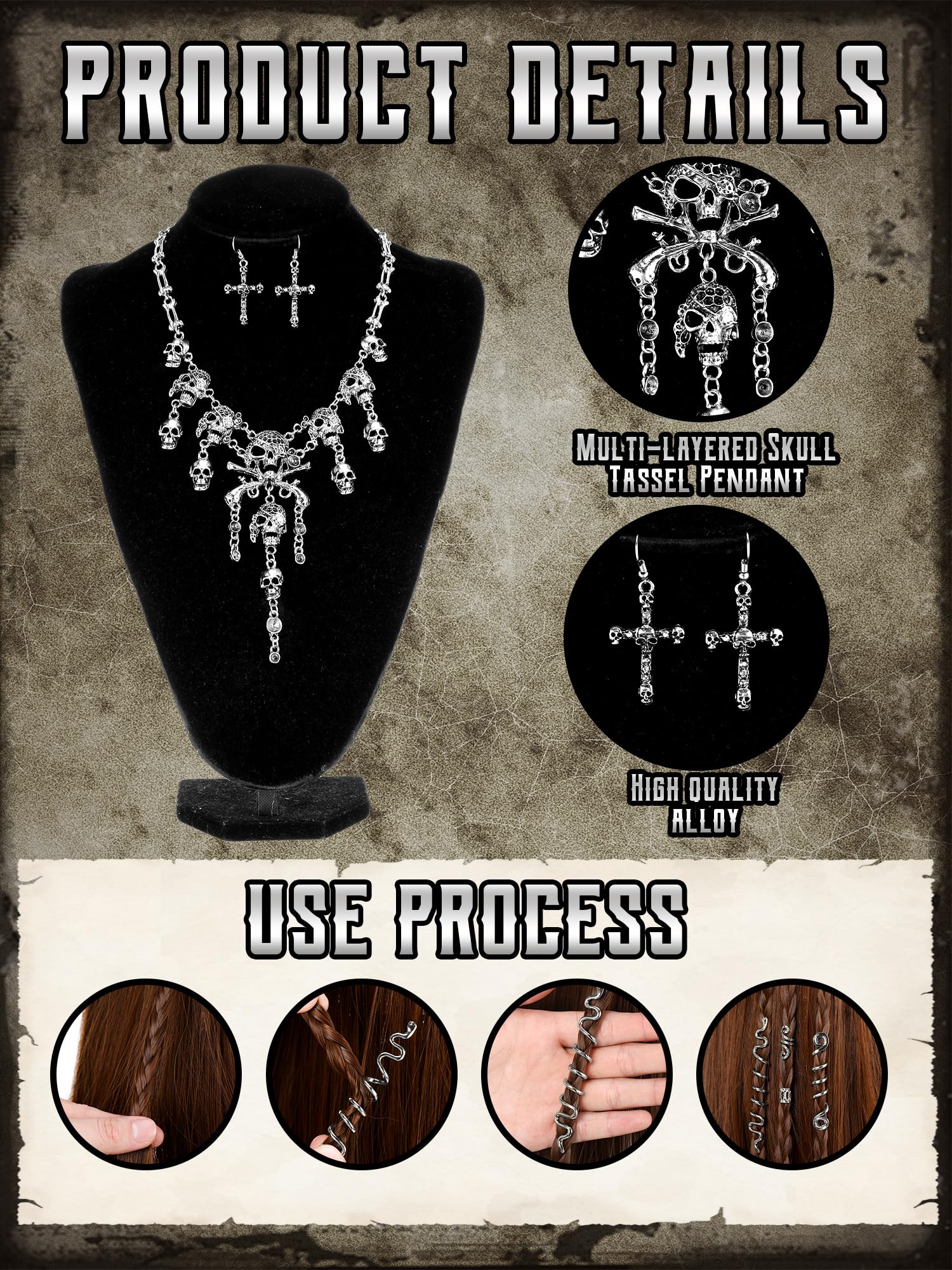 Remuuly Piratenkostüm-Zubehör für Damen, Piratenkopftuch, Schärpe, Gürtel, Augenklappe, Halskette, Ohrringe, Schlangen-Haar-Accessoire, 24 Stück