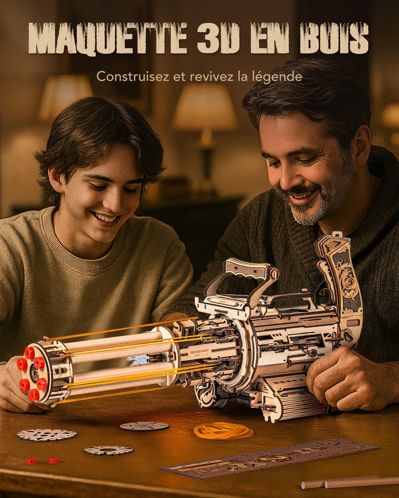 ROKR Puzzle 3D en Bois Maquette en Bois a Construire Jouets avec élastiques, Kits de Modèles Cadeaux pour Adultes, Kits de modèles à Canon Rotatif 412 pièces, LQA01