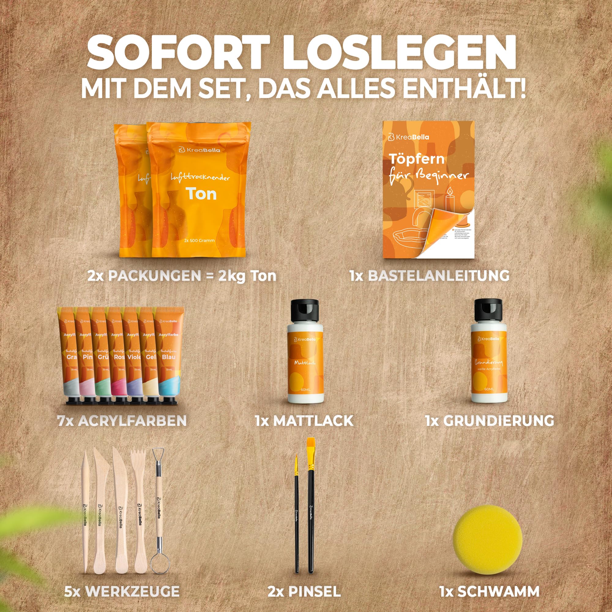 Töpferset - DIY töpfern für Zuhause, Lufttrocknender Ton zum basteln, selbsttrocknender Ton, Trockenton-Set zum kreativ Töpfern, Keramik Kreativset, Tonset ohne Brennen, Geschenke