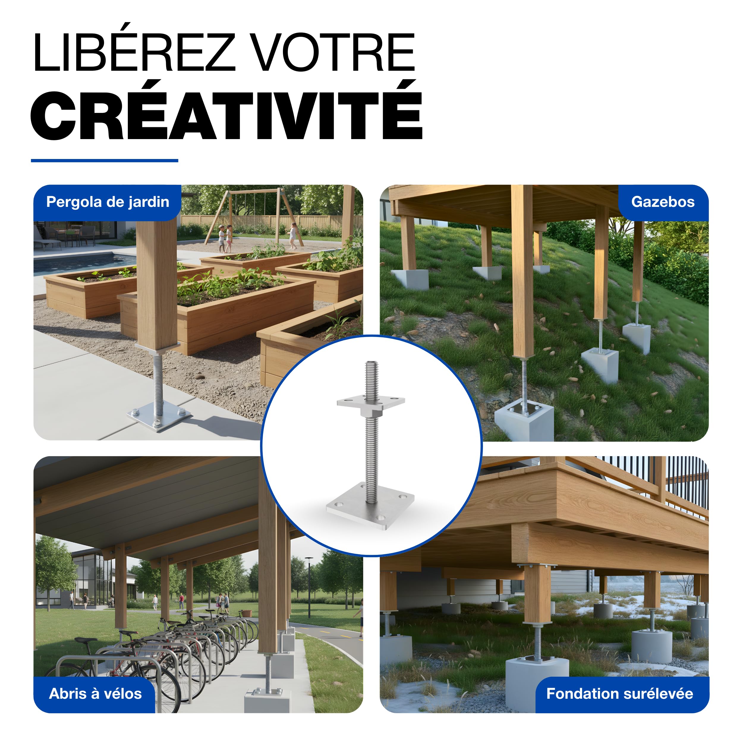 GeZu Impex Support de poteau Galvanisé à chaud Lot de 12 70 x 70 mm hauteur reglable platine bois pied poteaux clôture
