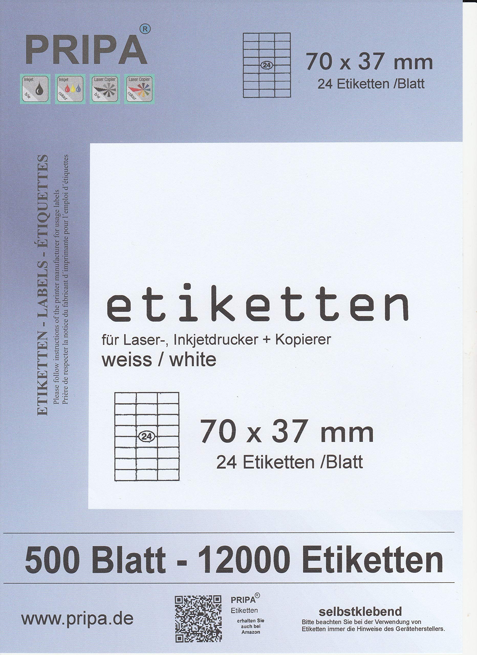 pripa - Etichette autoadesive, 70 x 37 mm, 50 Fogli DIN A4 24 Etichette per Foglio – 3 colonne – 8 File – 1200 Etichette