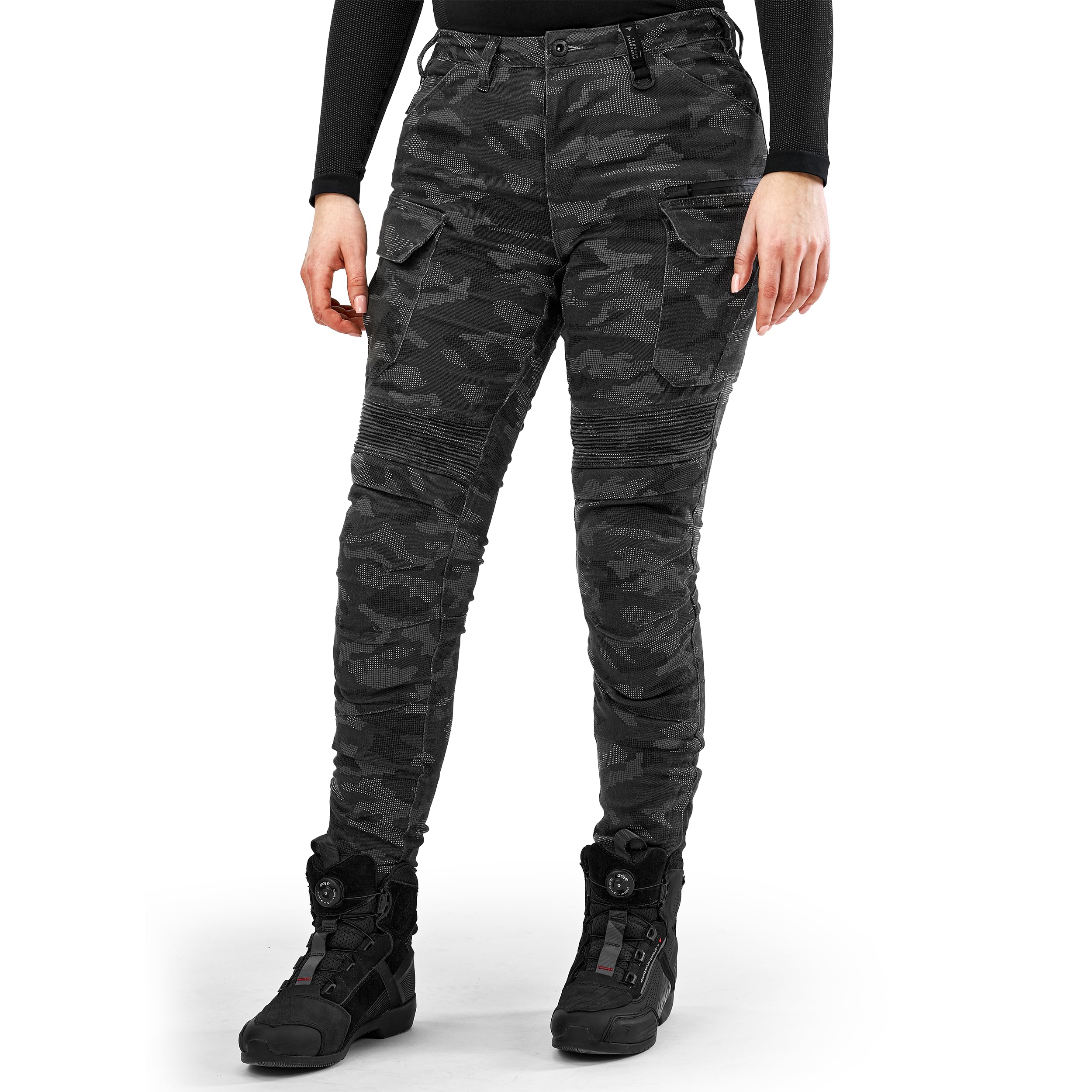 SHIMA Giro 3.0 Damskie spodnie motocyklowe Ochraniacze AirForce Homologowane obcisłe Tekstylia Cargo Urban Spodnie Ochronne Kolana Wentylowane Elastyczne Odzież Letnia (Damska, Camo, 24/30)