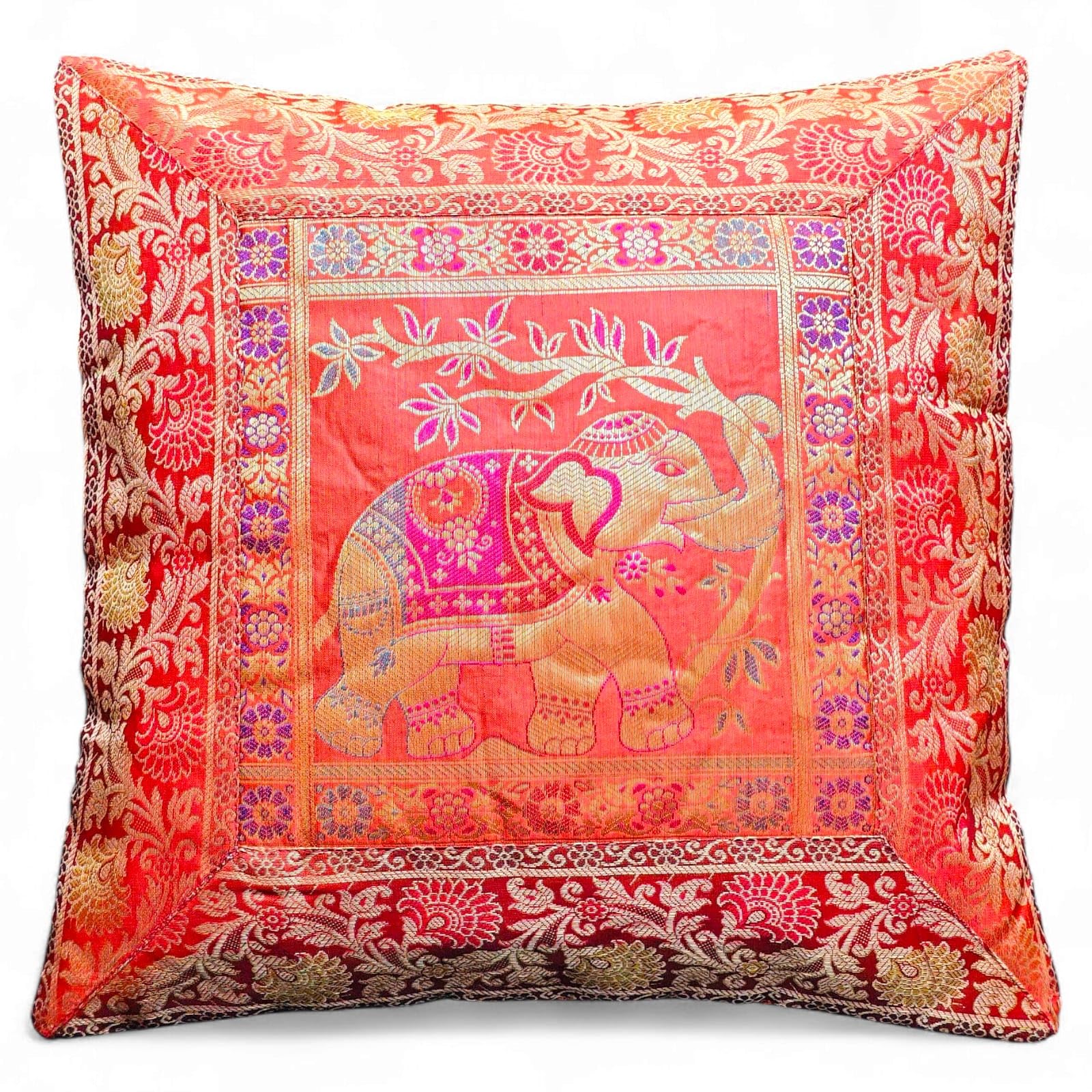Original Kikan Orange Indian Elephant Mandala Silk Cushion Covers Sari Brocade Boho Home Decor Cushion- Pillow Cases 16”X16” Zip Closure Banarsi | Ethnic - Handmade - Patchwork (Orange)