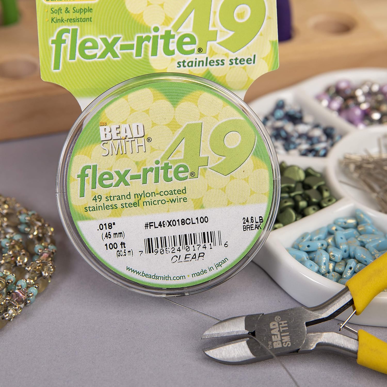 The Beadsmith Flex-Rite Beading Wire - Stainless Steel Micro Flexible Wire, 49 Strand, Clear Color, .018" Diameter, 100-Foot Spool, Nylon Coated