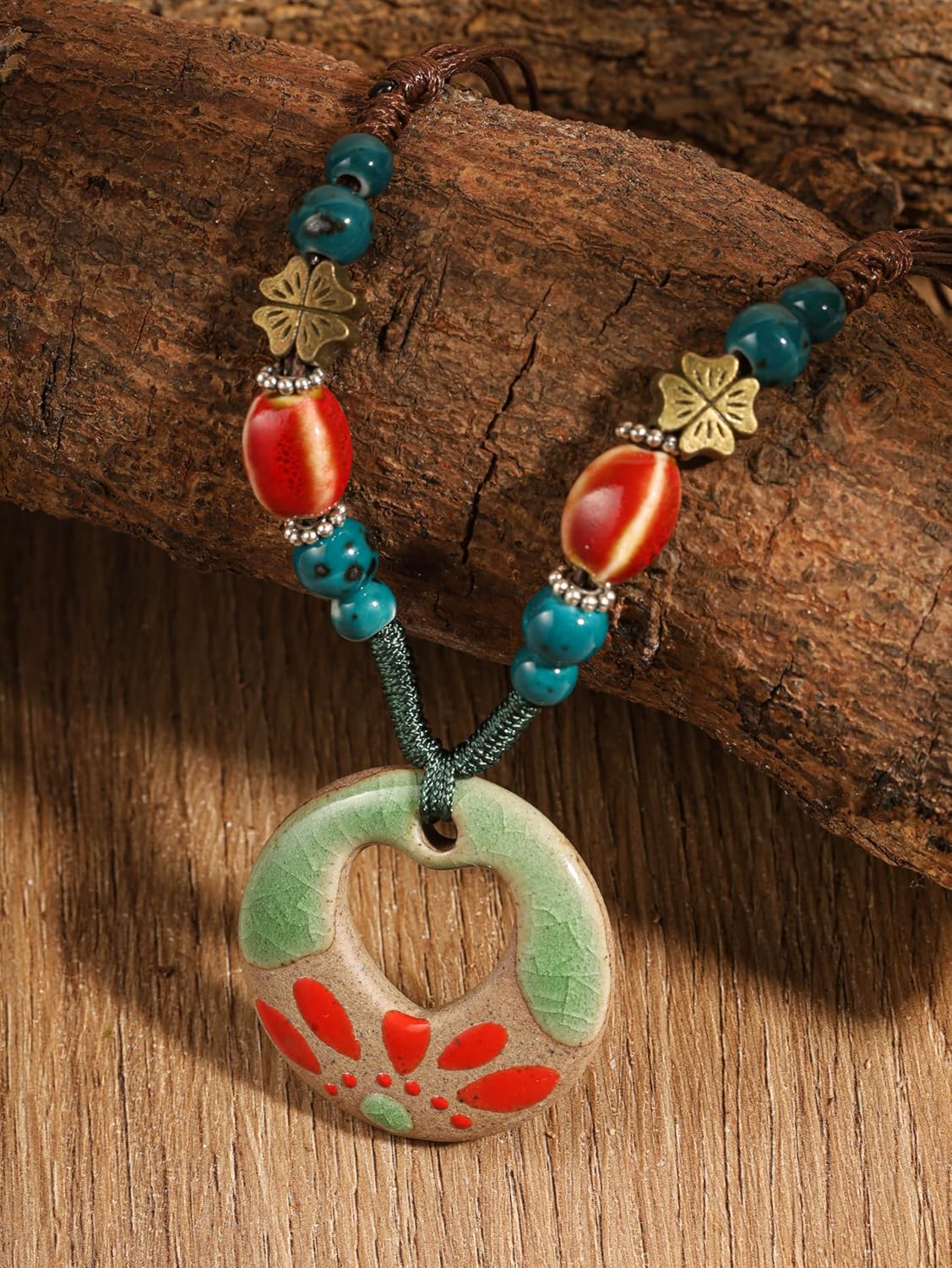 MINACHI Bohemian Colorful Ceramic Bead Nature Floral Charm Pendant Necklace, Vintage Boho Jewelry Gift for Women - Image 3