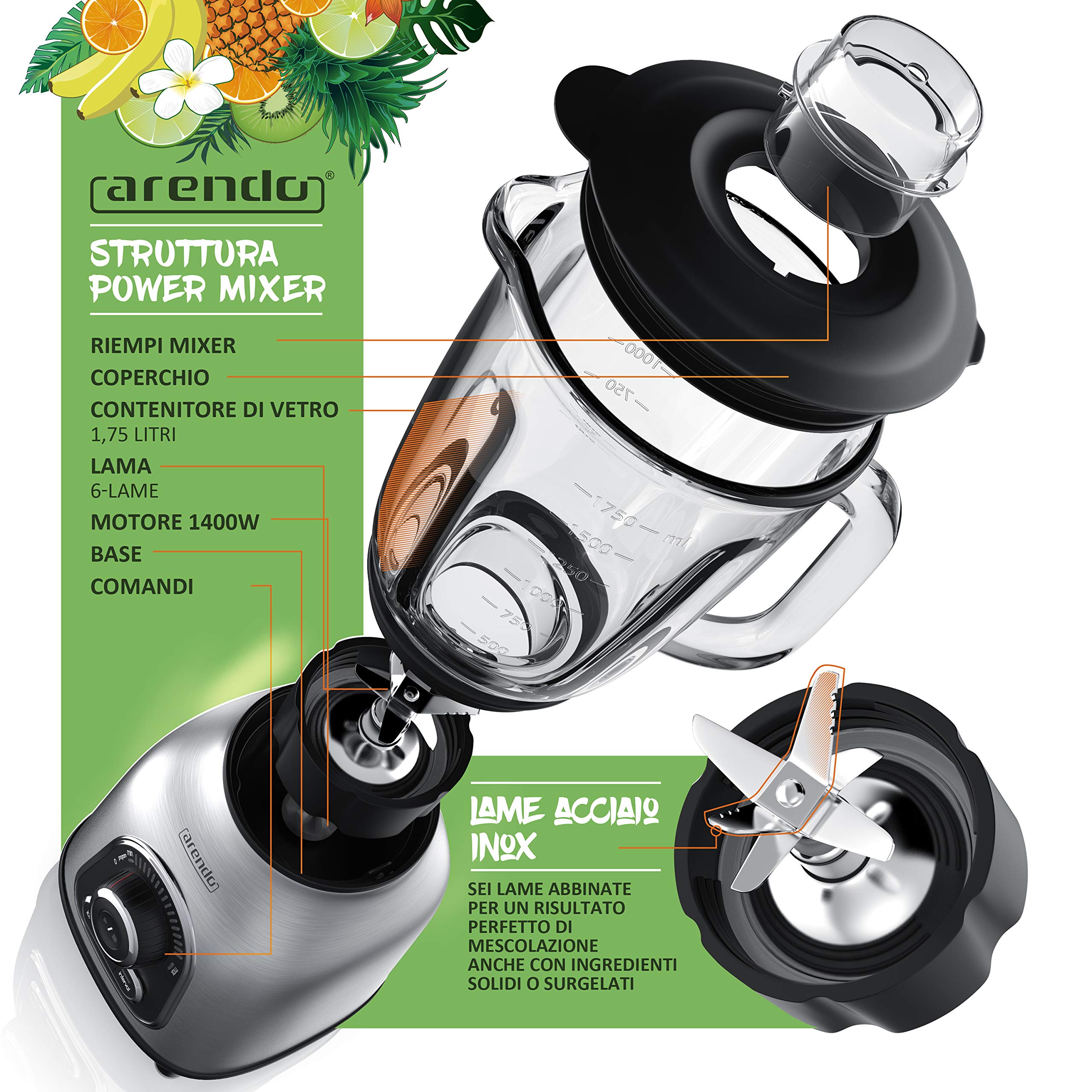 Arendo - Frullatore in acciaio inox 24.000 rpm - 1400 watt - incl. contenitore in vetro da 1,75 l - coltello in acciaio inox con cuscinetti a sfera Funzione impulso frullato a 6 lame 30 livelli di