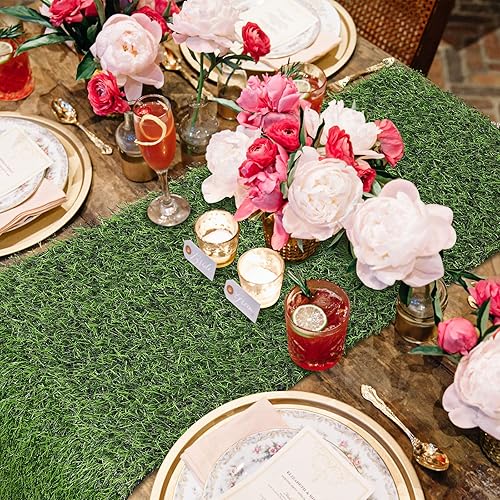 Miniatura 4 de Camino de mesa de césped artificial, 2 unidades, 12 x 108 pulgadas, decoración de mesa de césped sintético, tapete verde para fiestas, bodas,