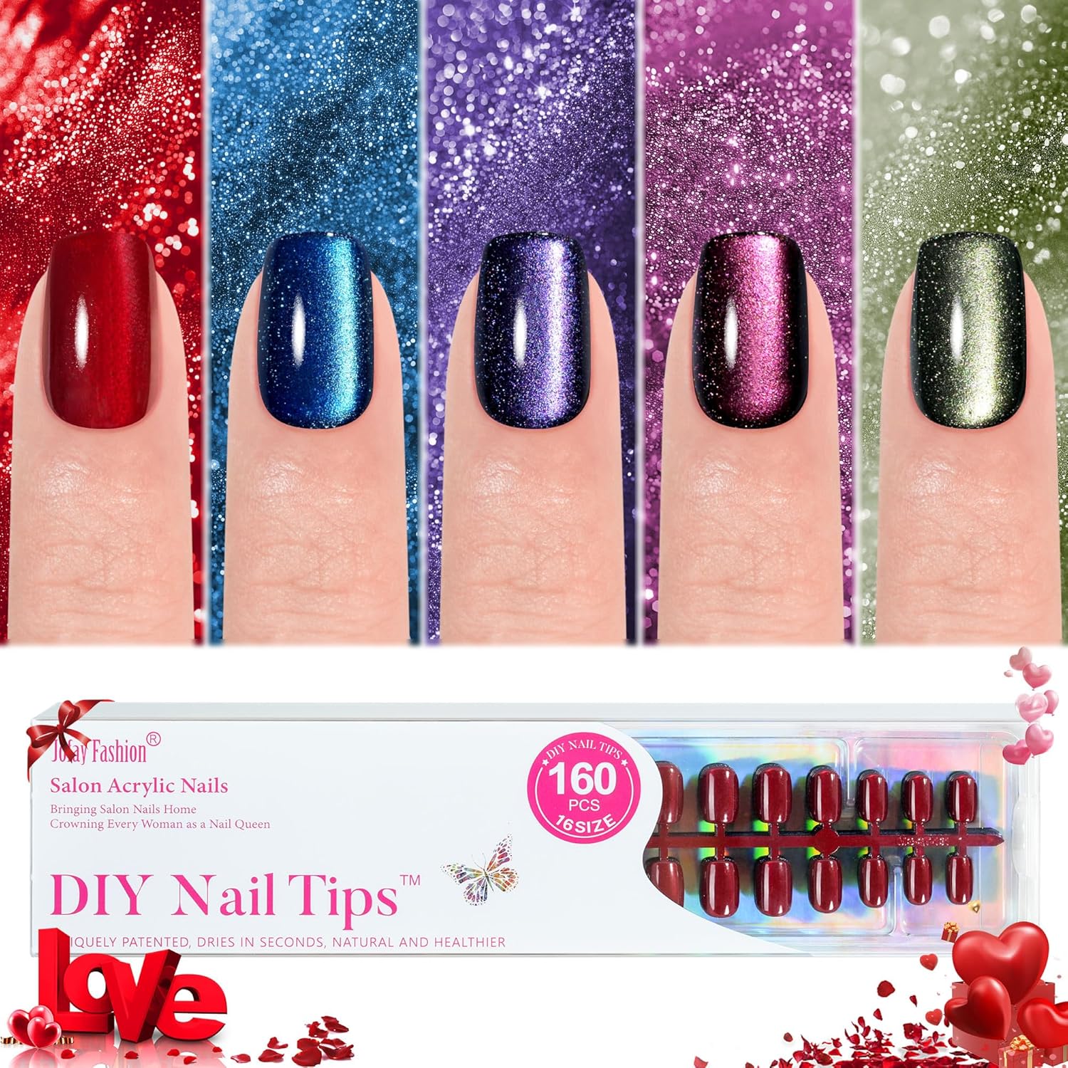 Cat Eye Press on Nails Short 5 Styles, Jofay Fashion 160Pcs Salon-Like Fake Nails with Glitter Chasing Light Cat Eye Designs, Valentines Artificial Acrylic Nails Glue on Nails Stick on Nails for Women A-02 Colorful Cat's eye