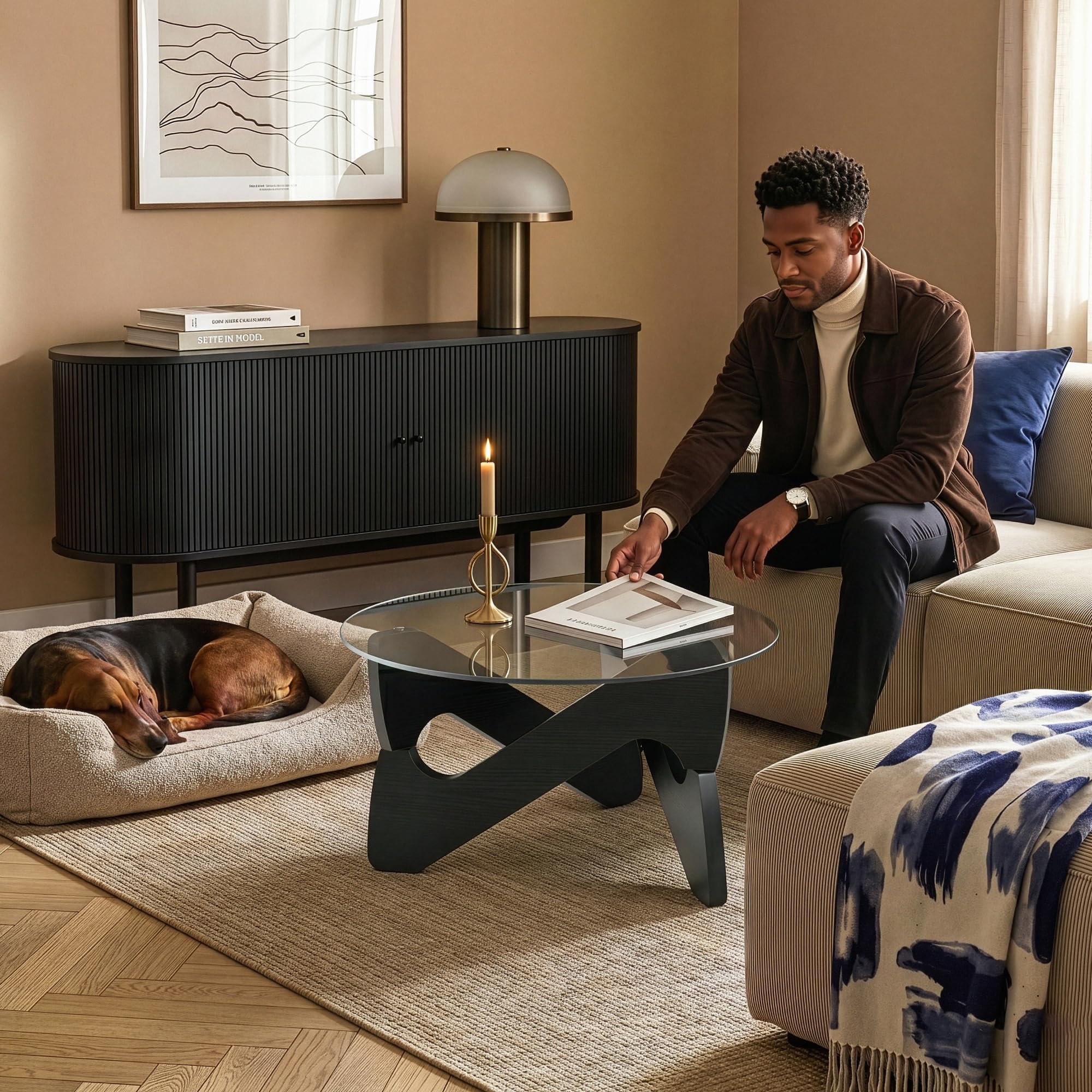 [en.casa] Tavolino da Caffè con Piano in Vetro Fumé 70x35 cm Nero/Grigio | Tavolo Basso Centrale per Salotto Soggiorno Living Piano Rotondo Circolare in Vetro Temperato Struttura Geometrica